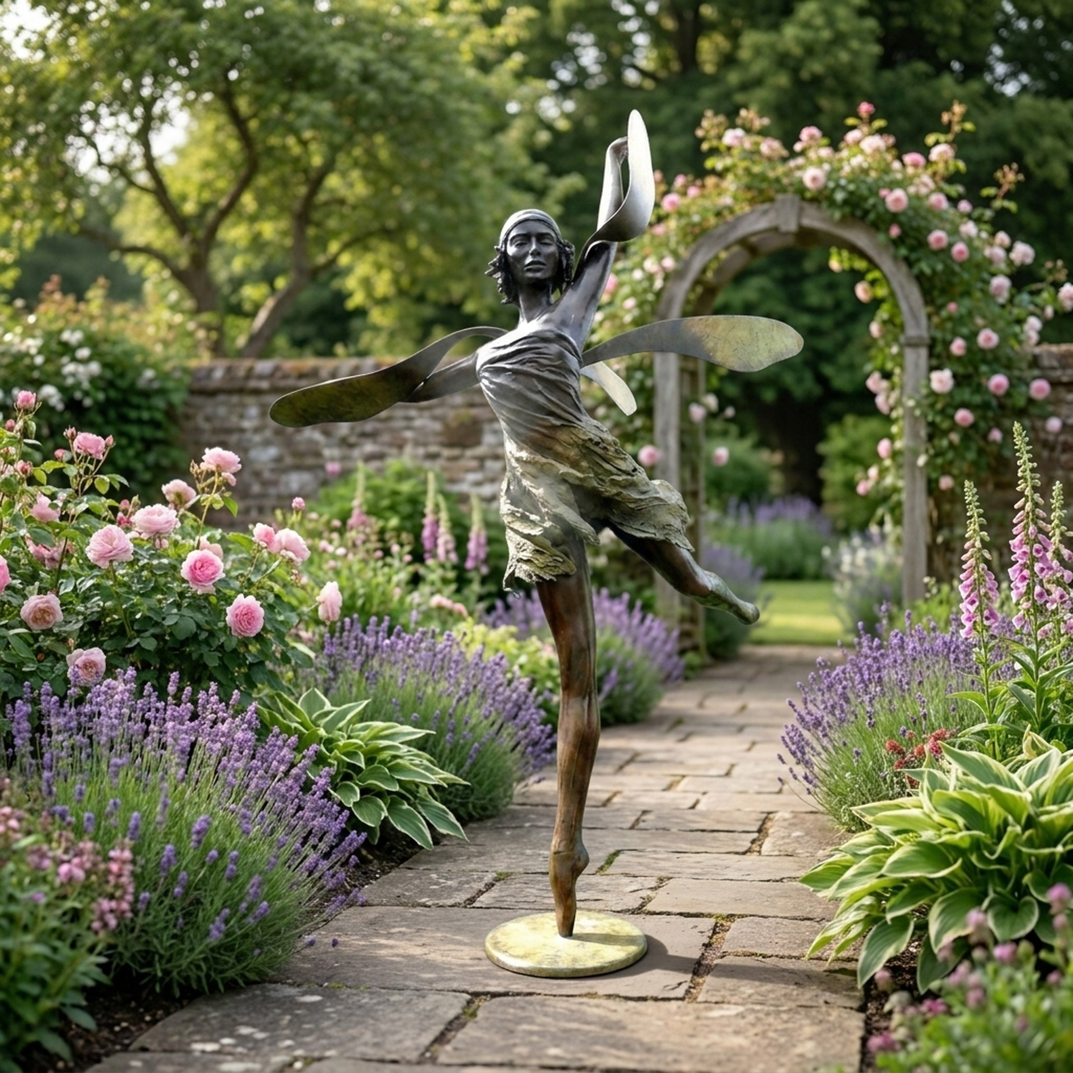 Monumental Contemporary Dancing Fairy Bronze Sculpture by Giant Sculptures, en pointe with dragonfly wings, on a stone garden path lined with lavender and roses.