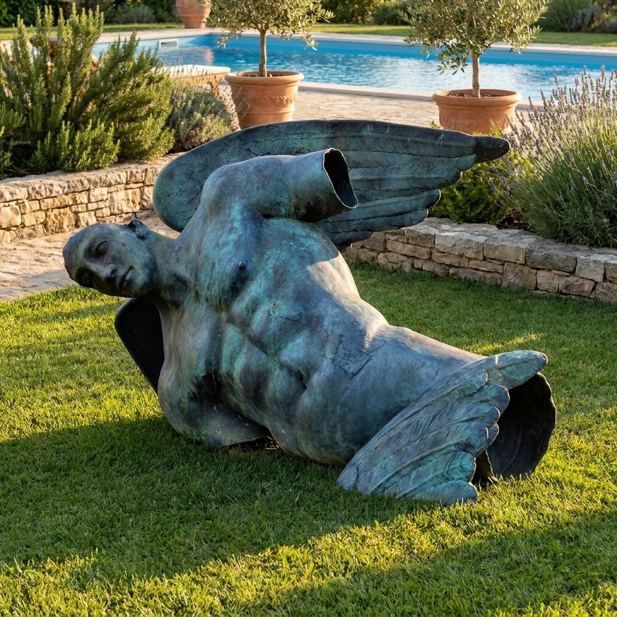 Monumental Fallen Winged Figure Bronze Sculpture by Giant Sculptures in verdigris patina, reclining on a lawn beside a pool with potted olive trees.