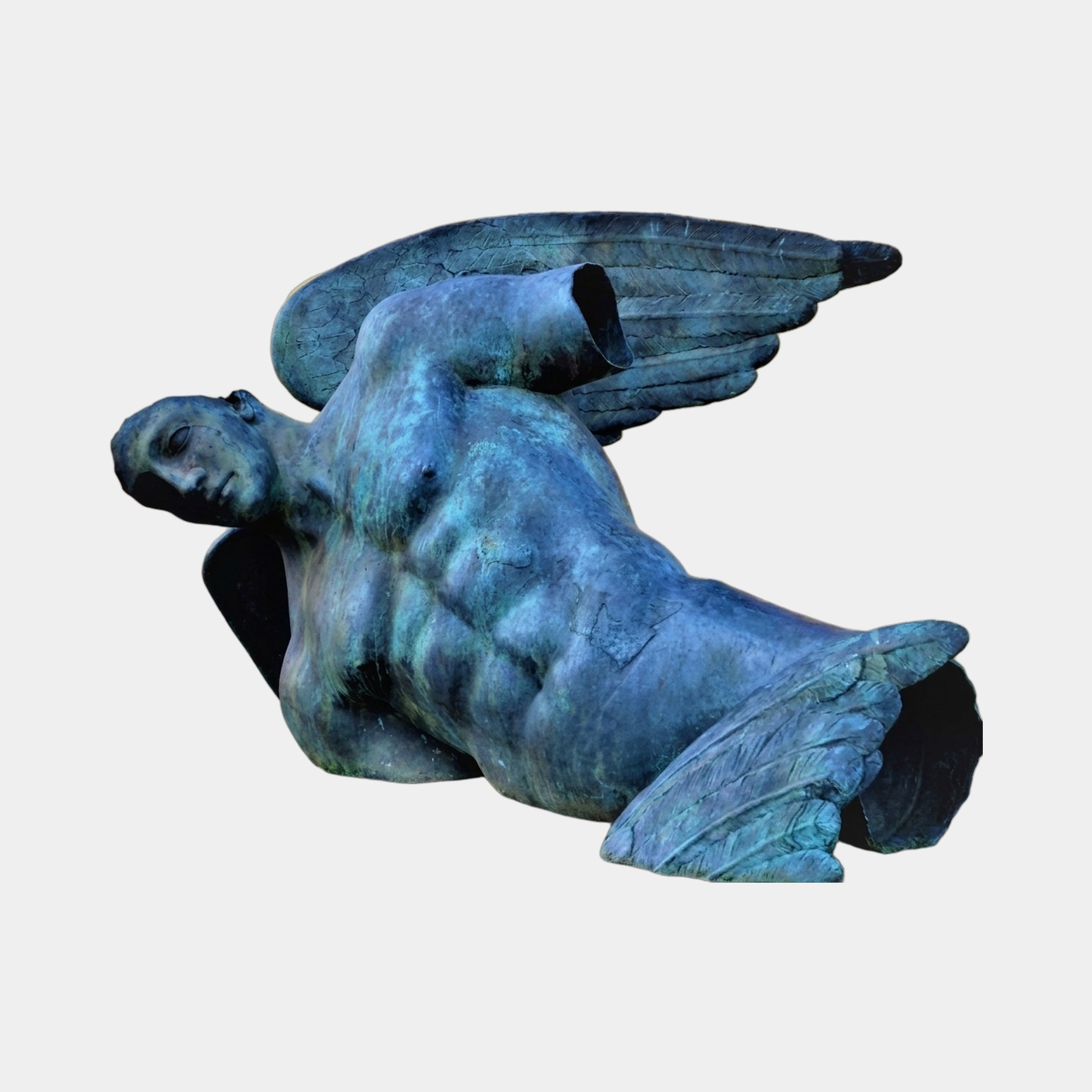 Monumental Fallen Winged Figure Bronze Sculpture by Giant Sculptures, muscular male form reclining with wings spread, verdigris patina, shown on a plain background.