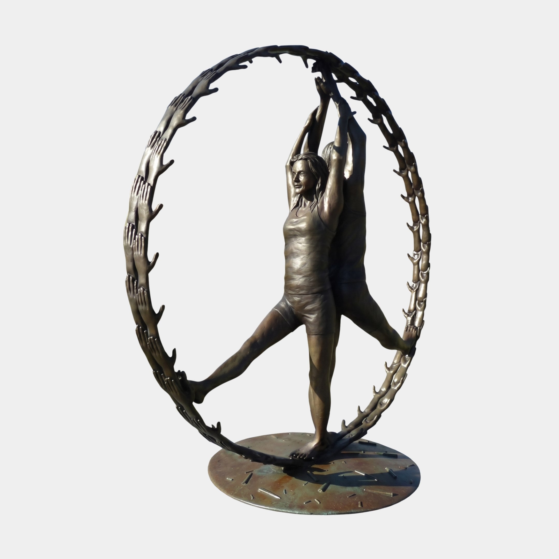 Giant Sculptures Monumental Female Figure and Ring of Hands Bronze Sculpture, 380cm, figure with arms raised inside a ring of linked hands on a round base.