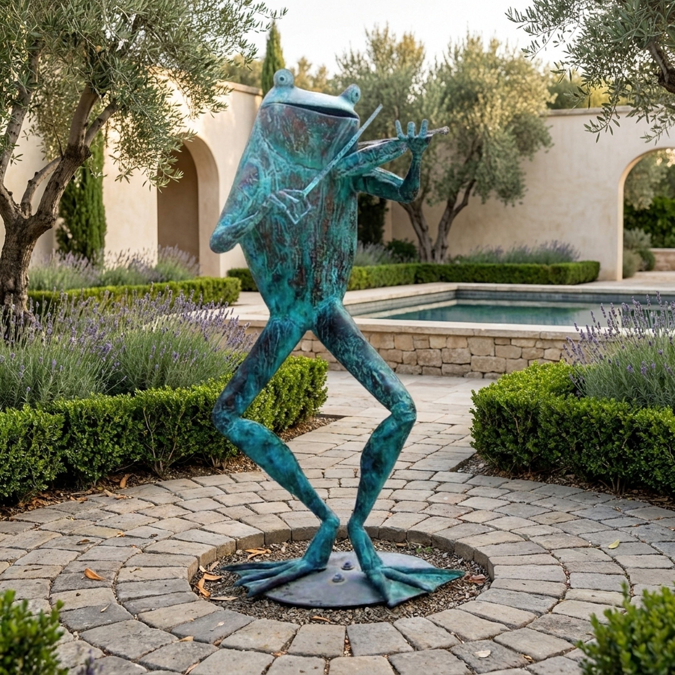 Monumental Contemporary Flute-Playing Frog Bronze Sculpture by Giant Sculptures with verdigris patina, posed mid-stride on a paved garden path beside lavender.