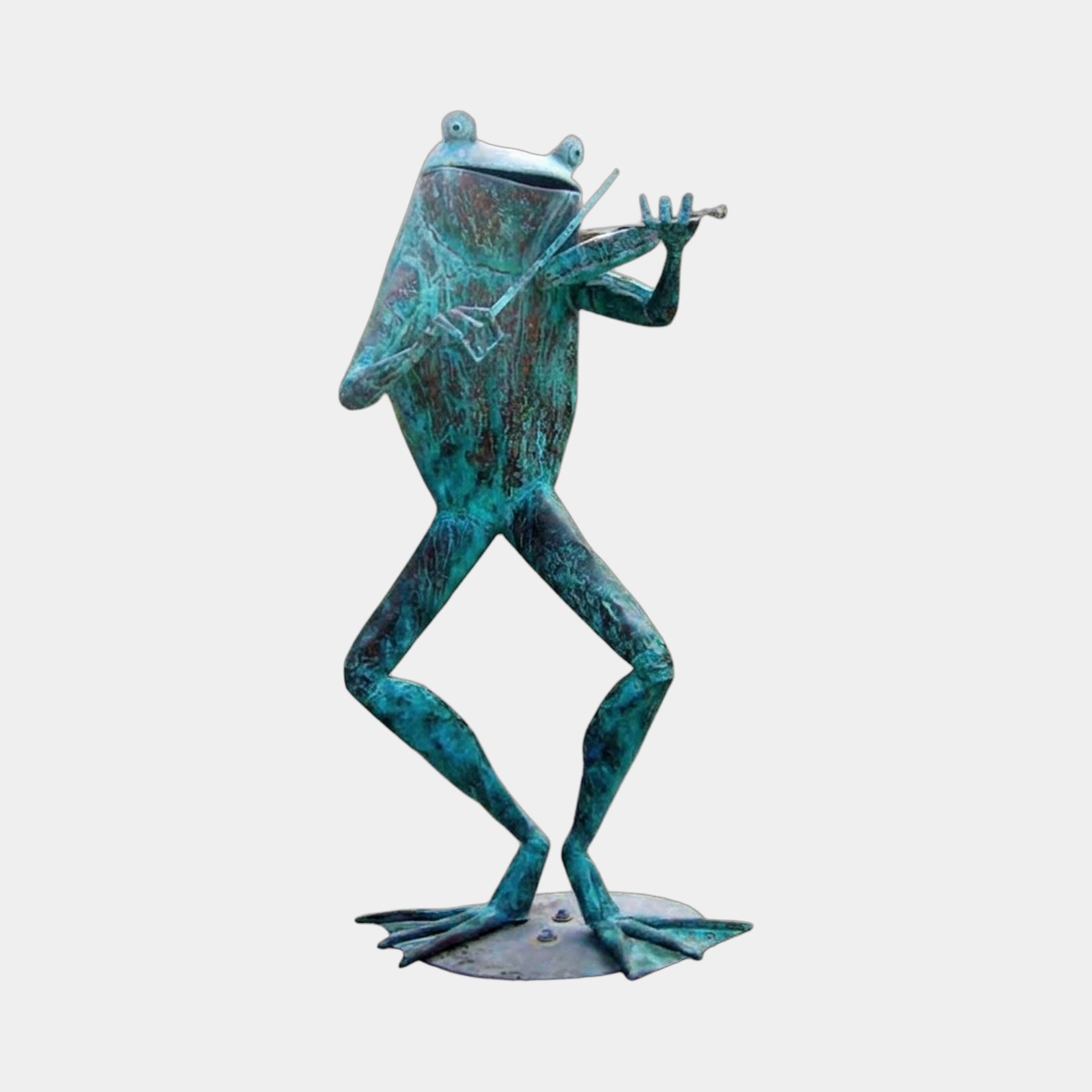 Monumental Contemporary Flute-Playing Frog Bronze Sculpture by Giant Sculptures, 180cm tall with verdigris patina, shown mid-stride playing a violin on a plain background.