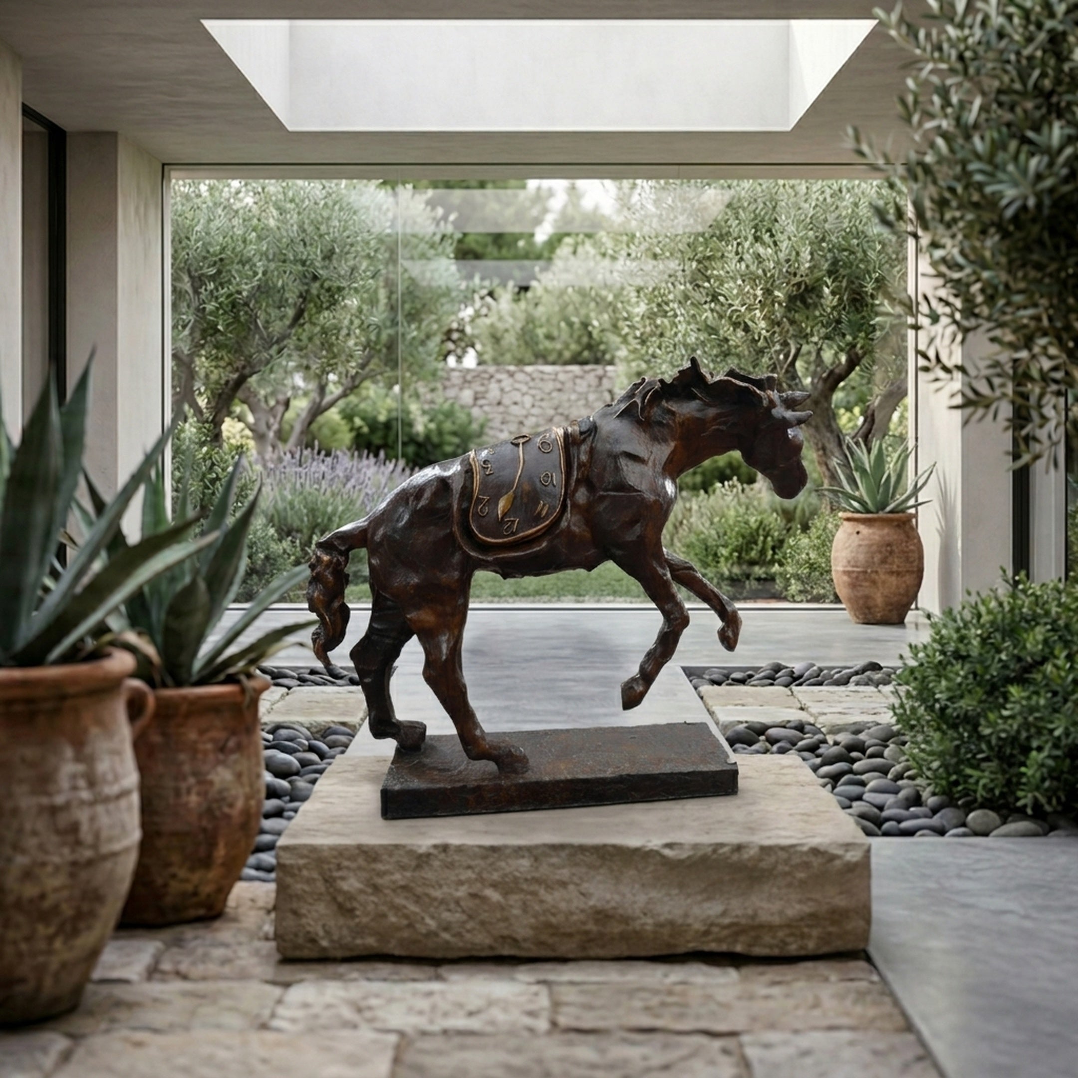 Monumental Contemporary Galloping Horse Bronze Sculpture by Giant Sculptures on a stone plinth in a courtyard with olive trees, agaves, and terracotta pots.