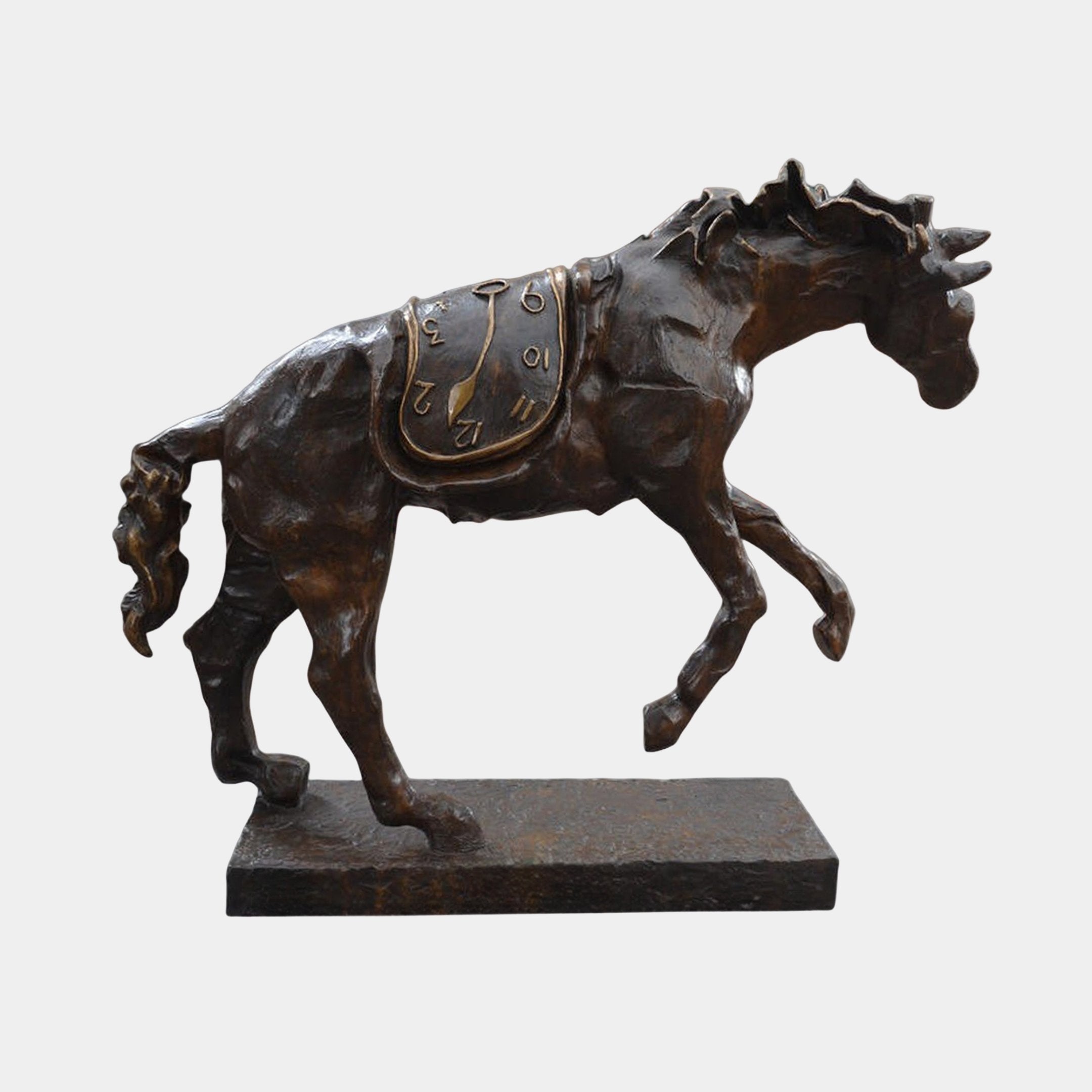 Giant Sculptures Monumental Contemporary Galloping Horse Bronze Sculpture in dark patina with gold-toned melting clock draped over its back, on a rectangular base.