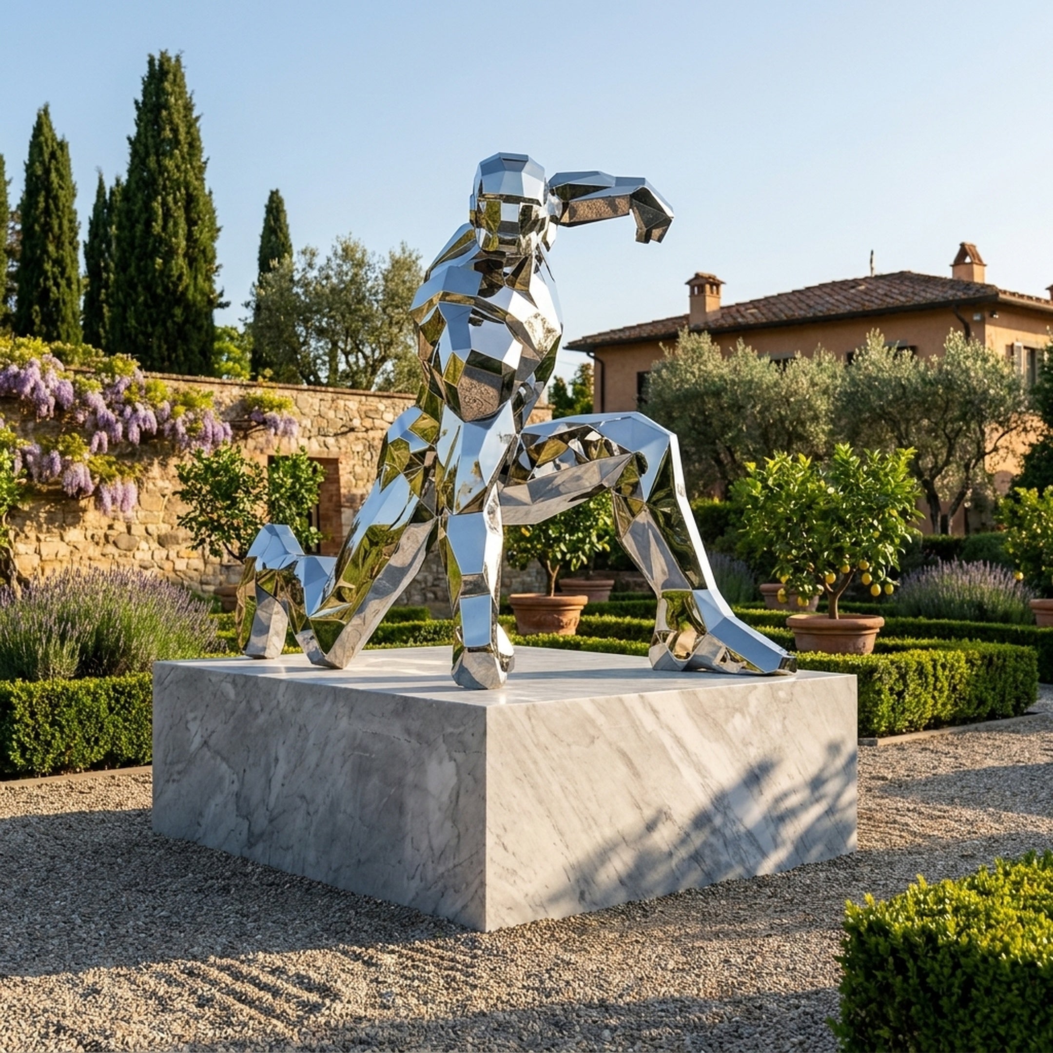 Monumental Contemporary Geometric Sprinting Figure Bronze Sculpture by Giant Sculptures in mirror-polished facets on a marble plinth in a Tuscan garden.