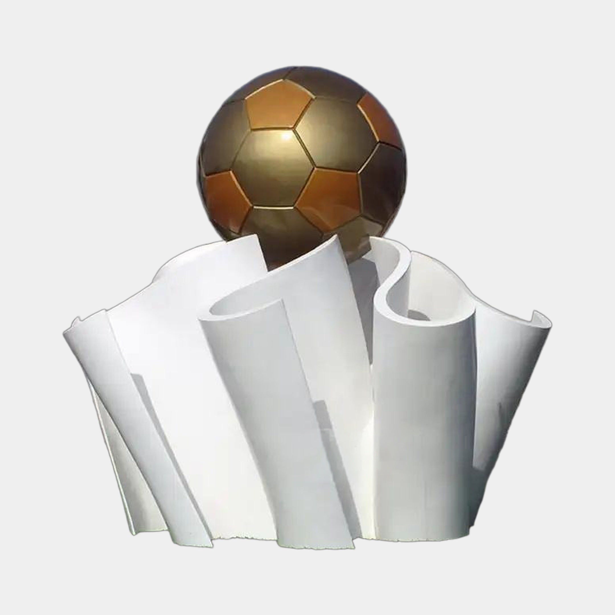 Giant Sculptures Monumental Contemporary Gold Football Bronze Sculpture 400cm, polished gold sphere atop a white scrolling ribbon base, plain light background.