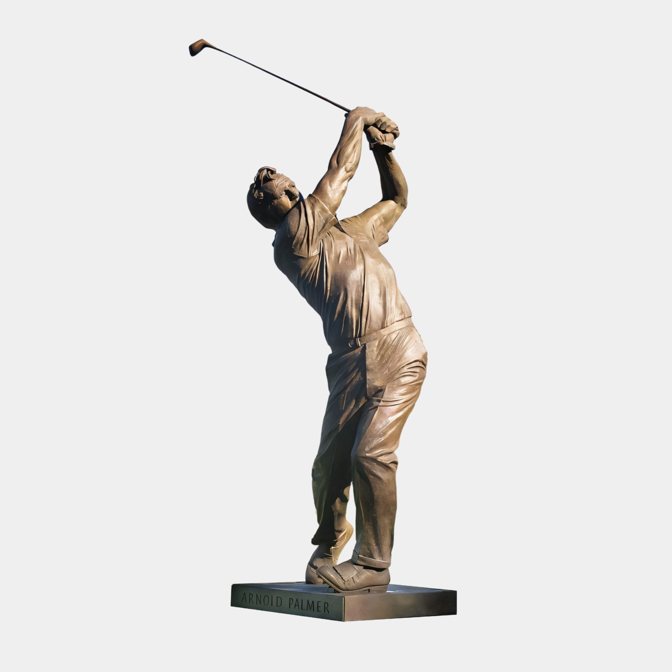 Monumental Contemporary Golfer Bronze Sculpture by Giant Sculptures, 310cm figure mid follow-through with club raised, warm bronze patina, on a dark plinth.