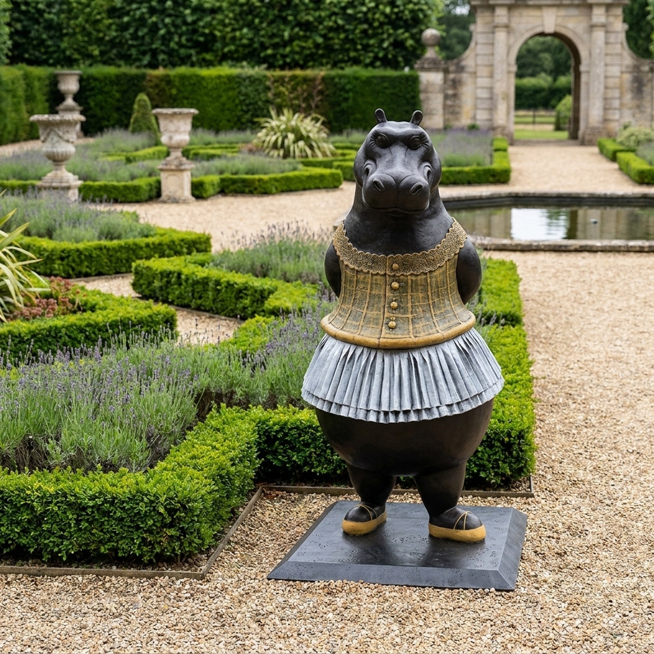 Monumental Contemporary Hippopotamus Ballerina Bronze Sculpture by Giant Sculptures in a formal garden with lavender, boxwood hedges, and a stone arch.