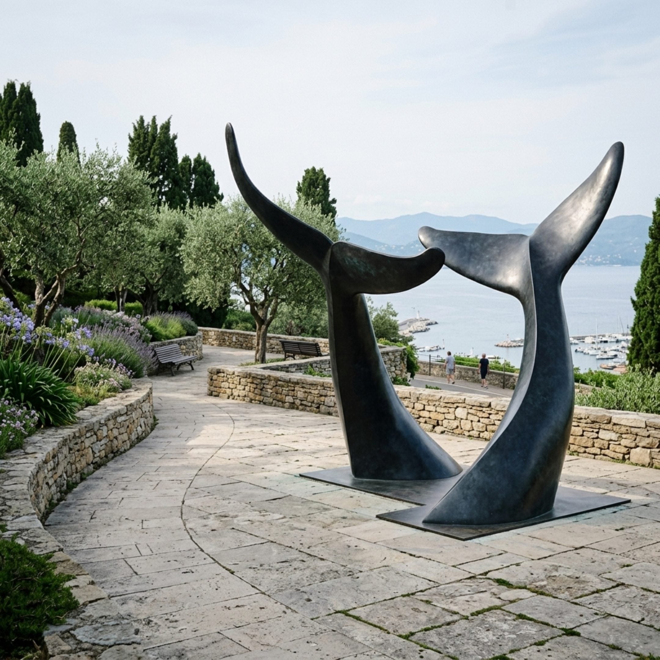 Monumental Interlocking Whale Tails bronze sculpture by Giant Sculptures, deep black patina flukes arching apart on a seaside terrace overlooking a harbour.