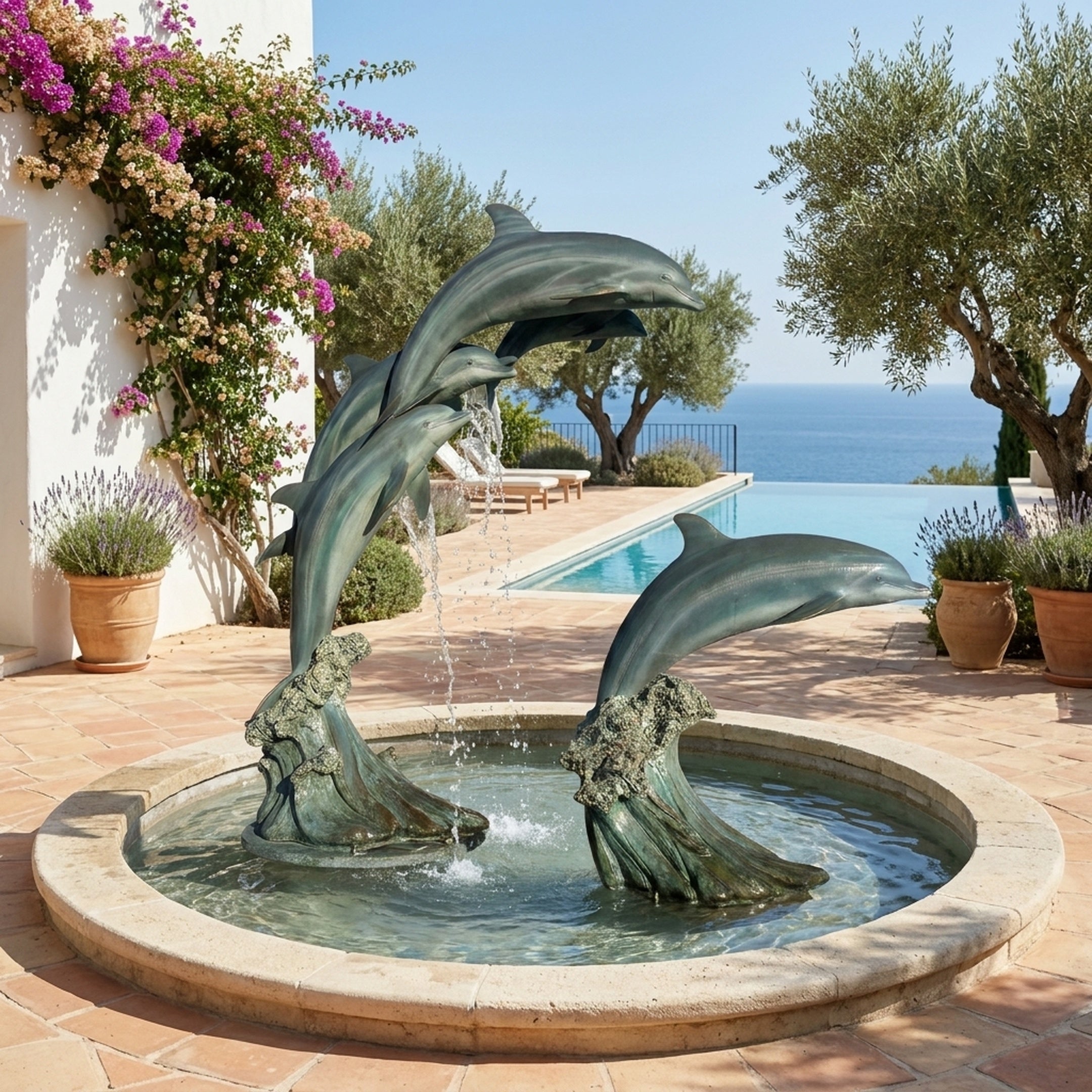 Monumental Contemporary Leaping Dolphins Bronze Fountain by Giant Sculptures with blue-grey patina set in a round basin on a seaside terrace beside a pool.