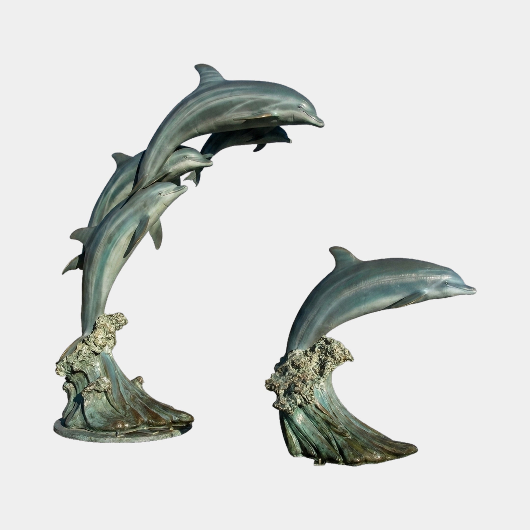 Monumental Contemporary Leaping Dolphins Bronze Fountain by Giant Sculptures, blue-grey patina pod arcing from wave base beside a single leaping dolphin.