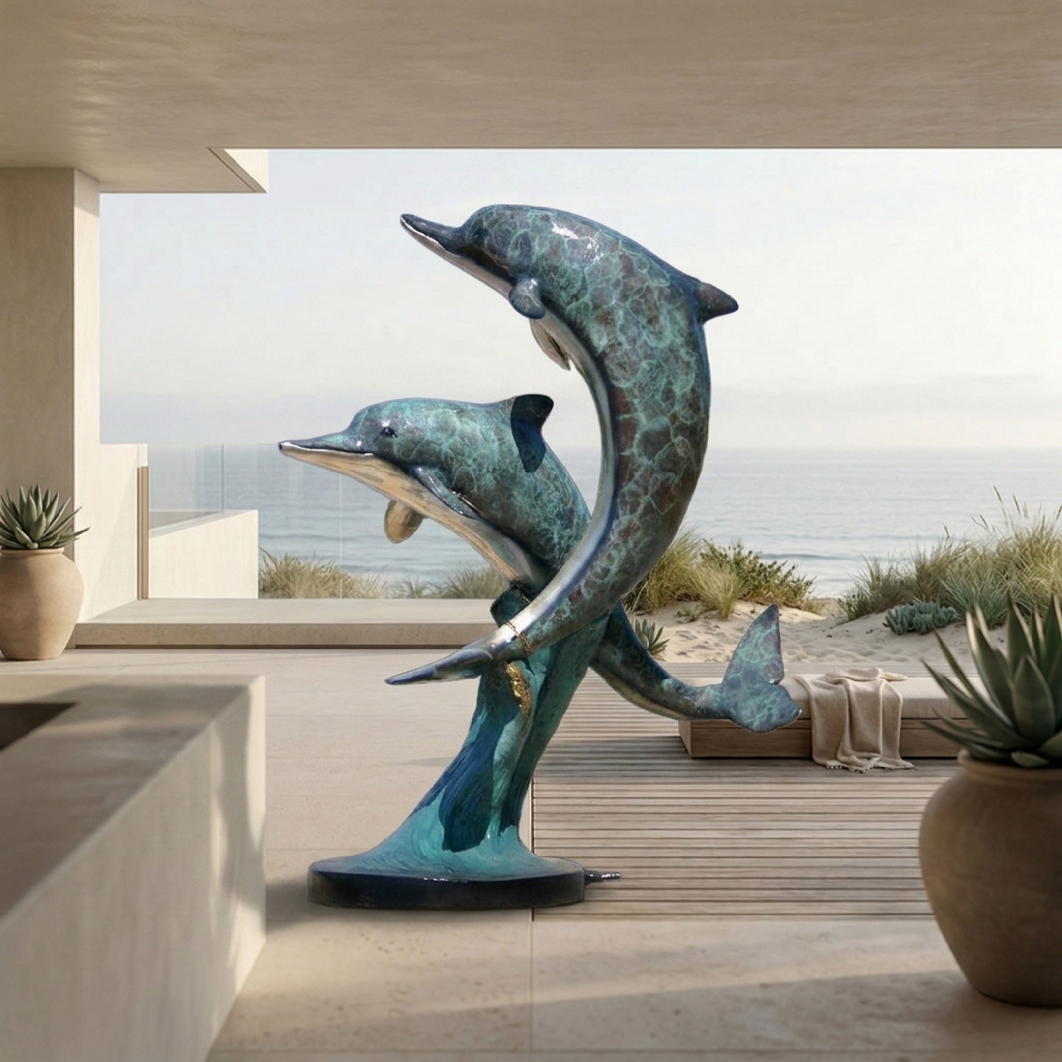 Giant Sculptures' 280cm Monumental Contemporary Leaping Dolphins Bronze Sculpture with verdigris patina, displayed on a beachfront terrace with ocean views.