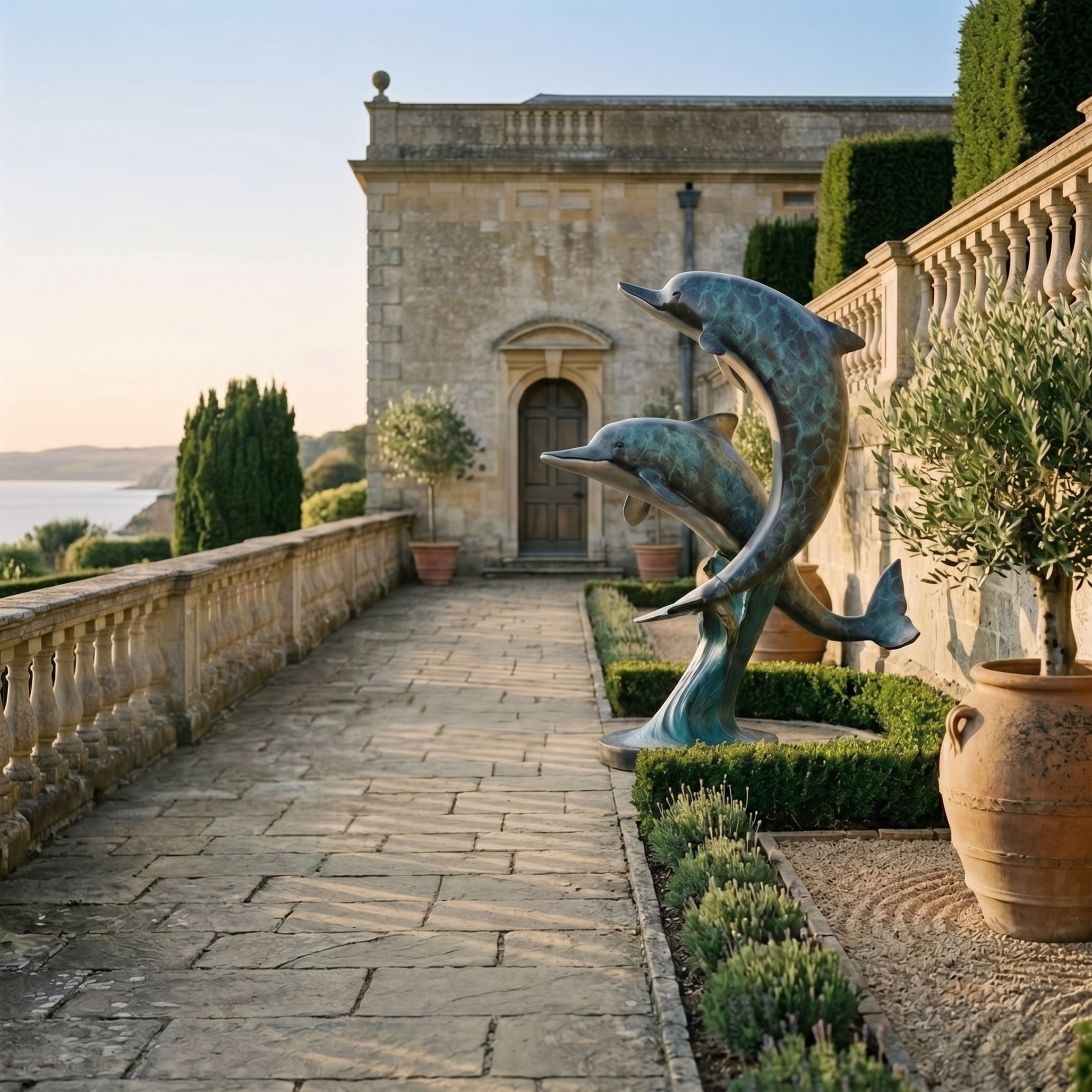 Monumental Contemporary Leaping Dolphins Bronze Sculpture by Giant Sculptures, verdigris and teal patina, displayed on a stone terrace overlooking the sea.