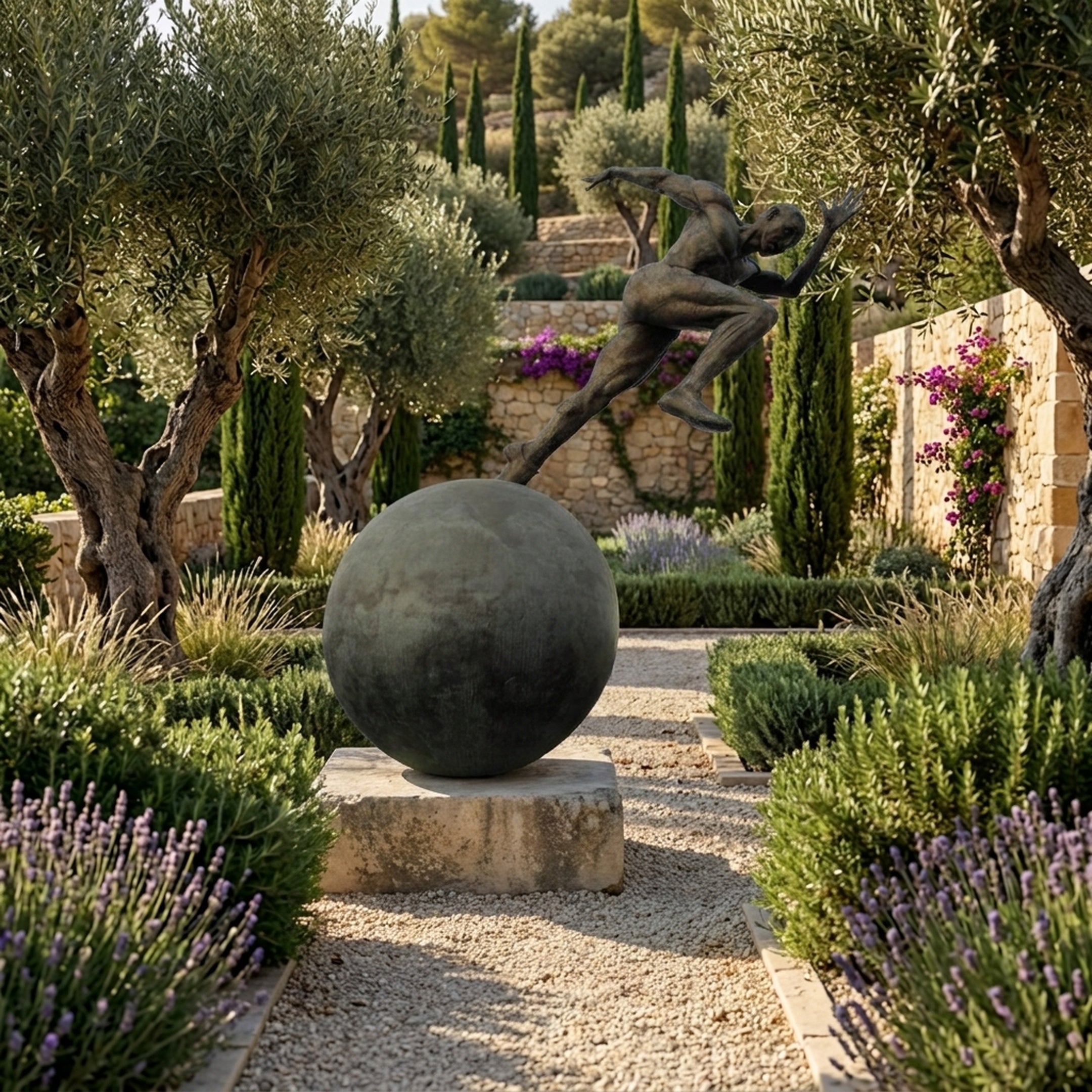 Monumental Contemporary Male Runner Bronze Sculpture by Giant Sculptures balanced atop a sphere on a stone plinth in a Mediterranean garden with olive trees.