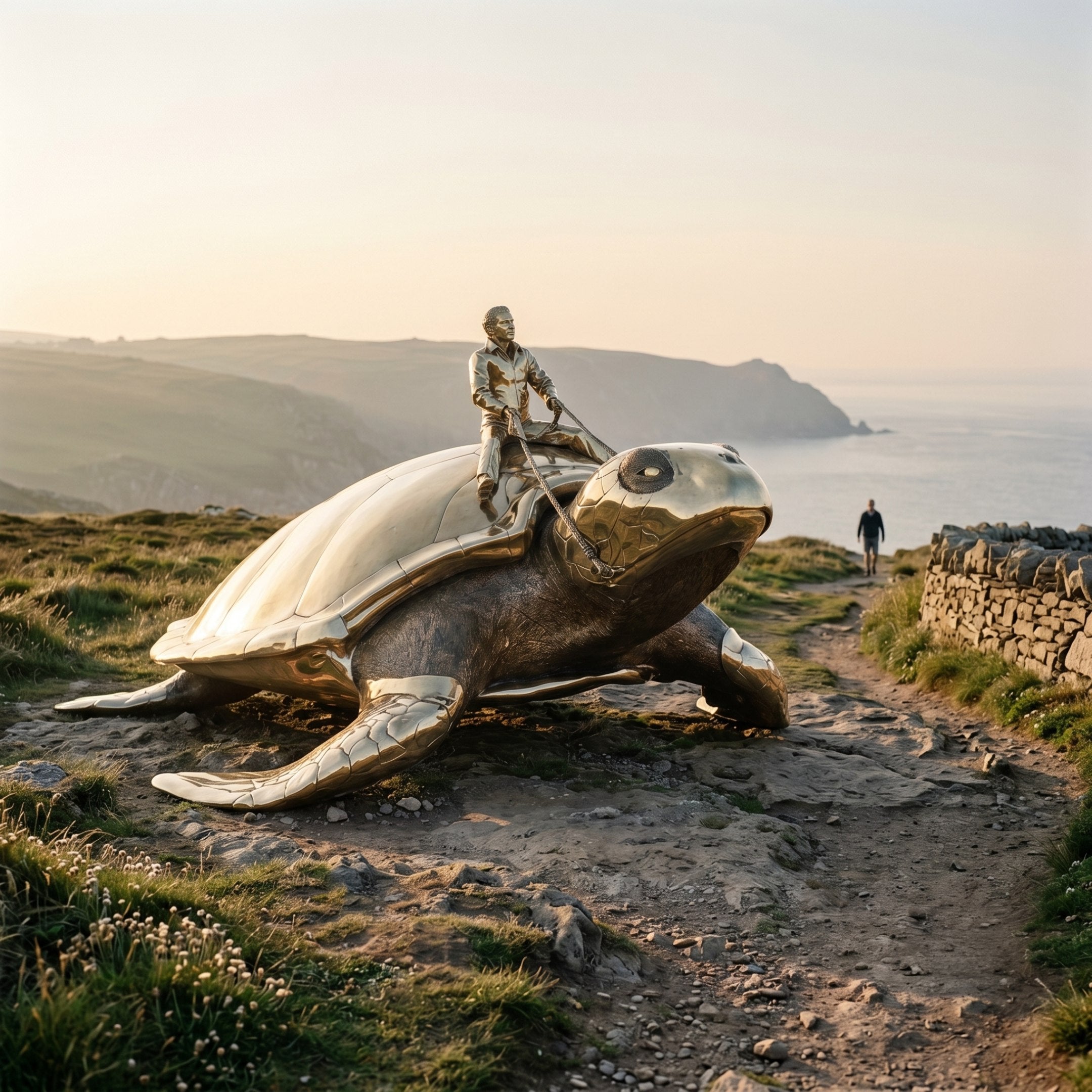Monumental Man Riding Sea Turtle Bronze Sculpture by Giant Sculptures, polished gold shell and darker underside, displayed on a coastal cliff path at dusk.
