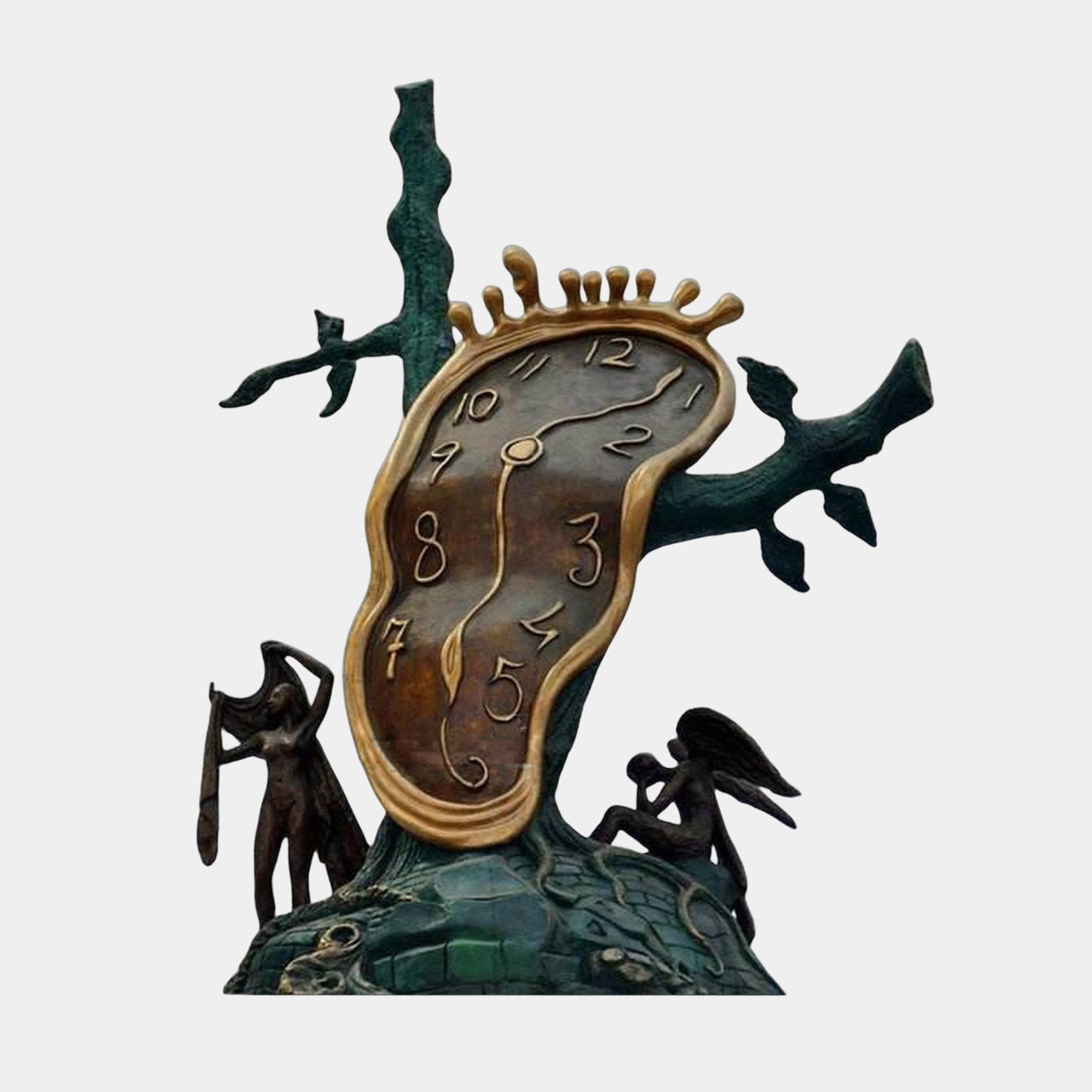 Giant Sculptures Monumental Contemporary Melting Clock and Figures Bronze Sculpture with golden warped clock on a dark tree, nude and winged figures at base.