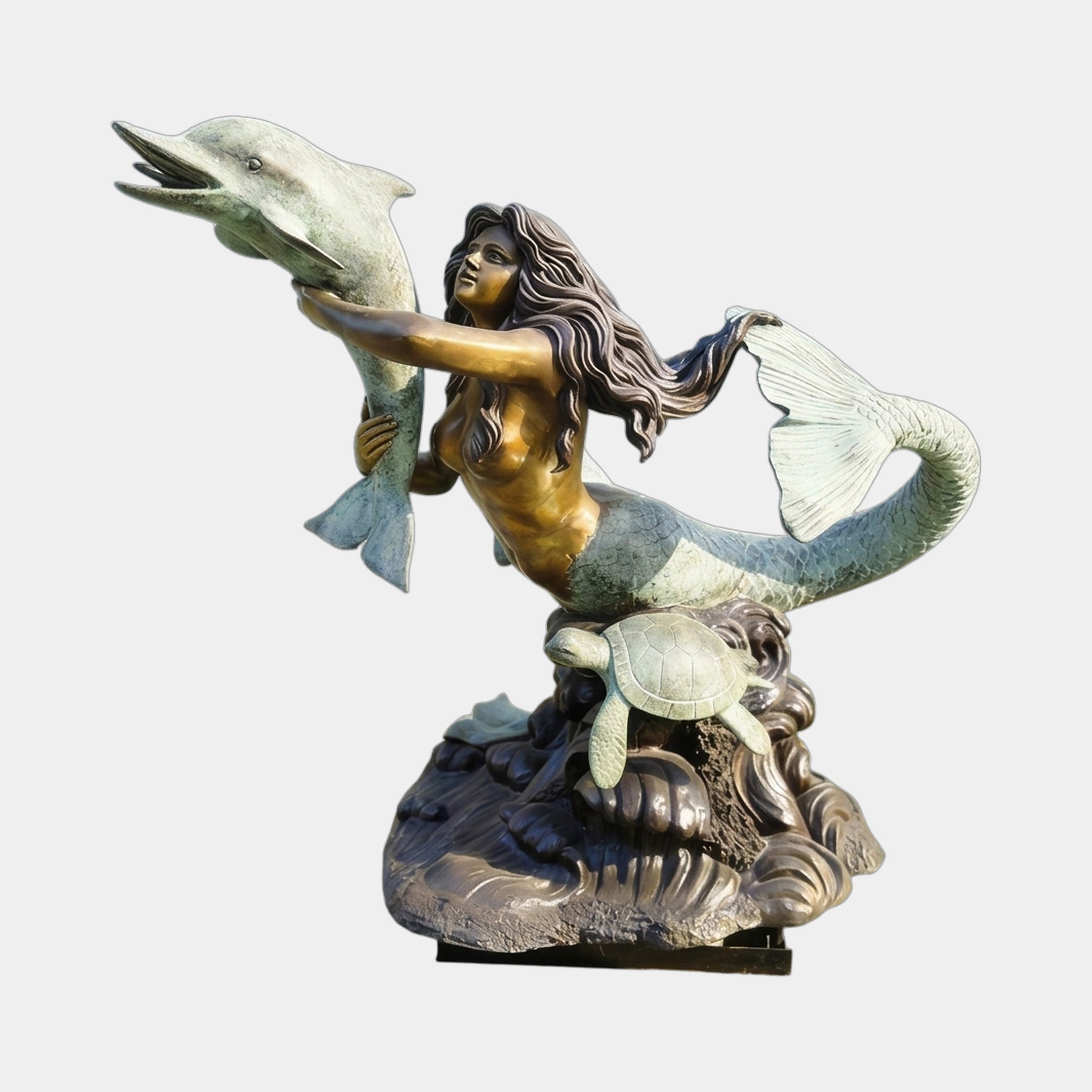 Monumental Contemporary Mermaid with Dolphin and Turtle Bronze Sculpture by Giant Sculptures, golden torso lifting a verdigris dolphin above a turtle and wave base.
