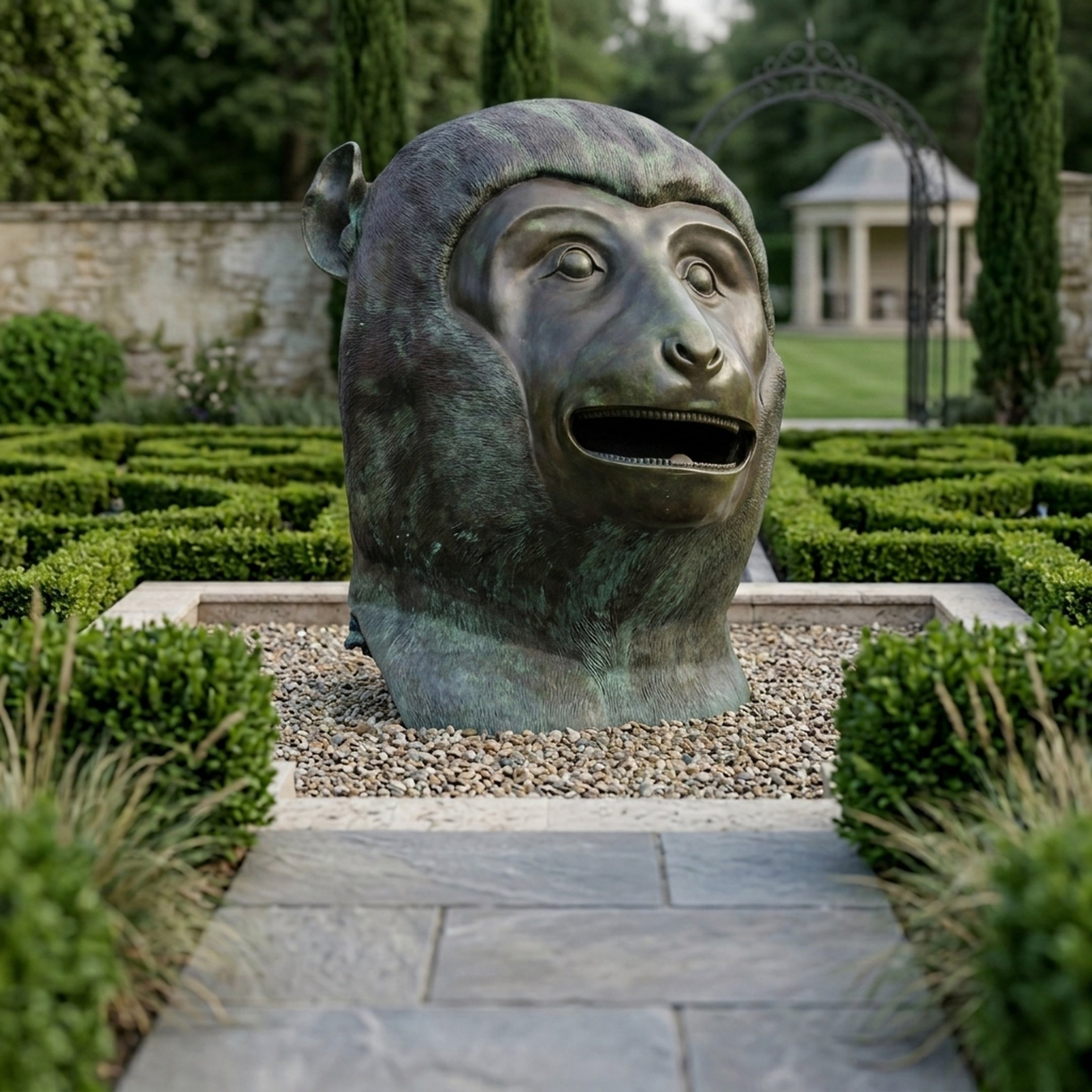 Monumental Contemporary Monkey Head Bronze Sculpture by Giant Sculptures with antique brown-green patina, set on gravel in a formal boxwood hedge garden.