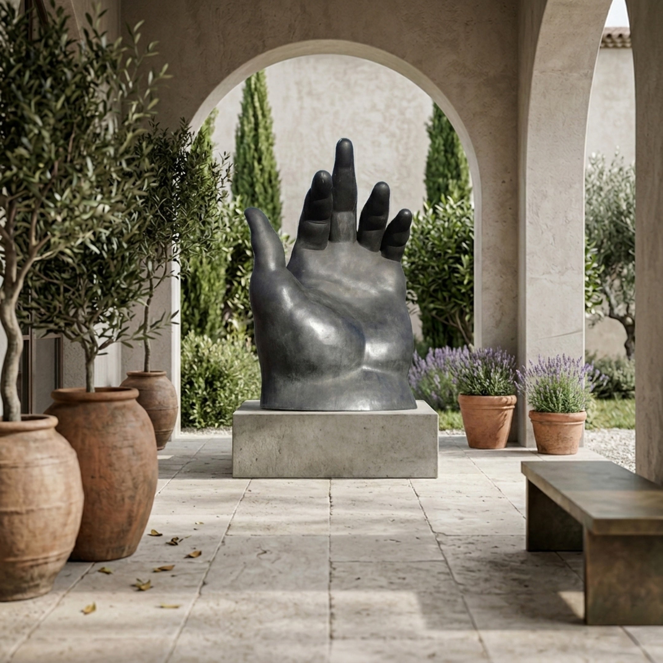 Monumental Contemporary Open Hand Bronze Sculpture by Giant Sculptures, palm raised on a stone plinth in an arched courtyard with olive trees and lavender.