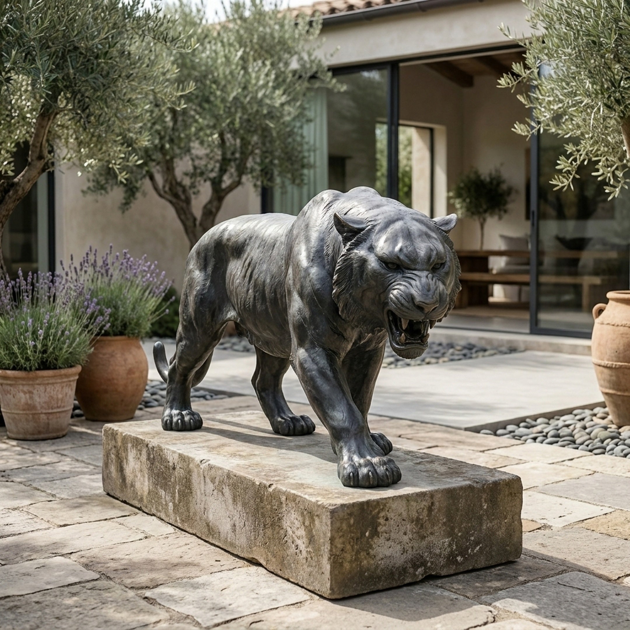 Monumental Contemporary Prowling Tiger Bronze Sculpture by Giant Sculptures with dark patina, mid-stalk pose on a stone plinth in an olive tree courtyard.