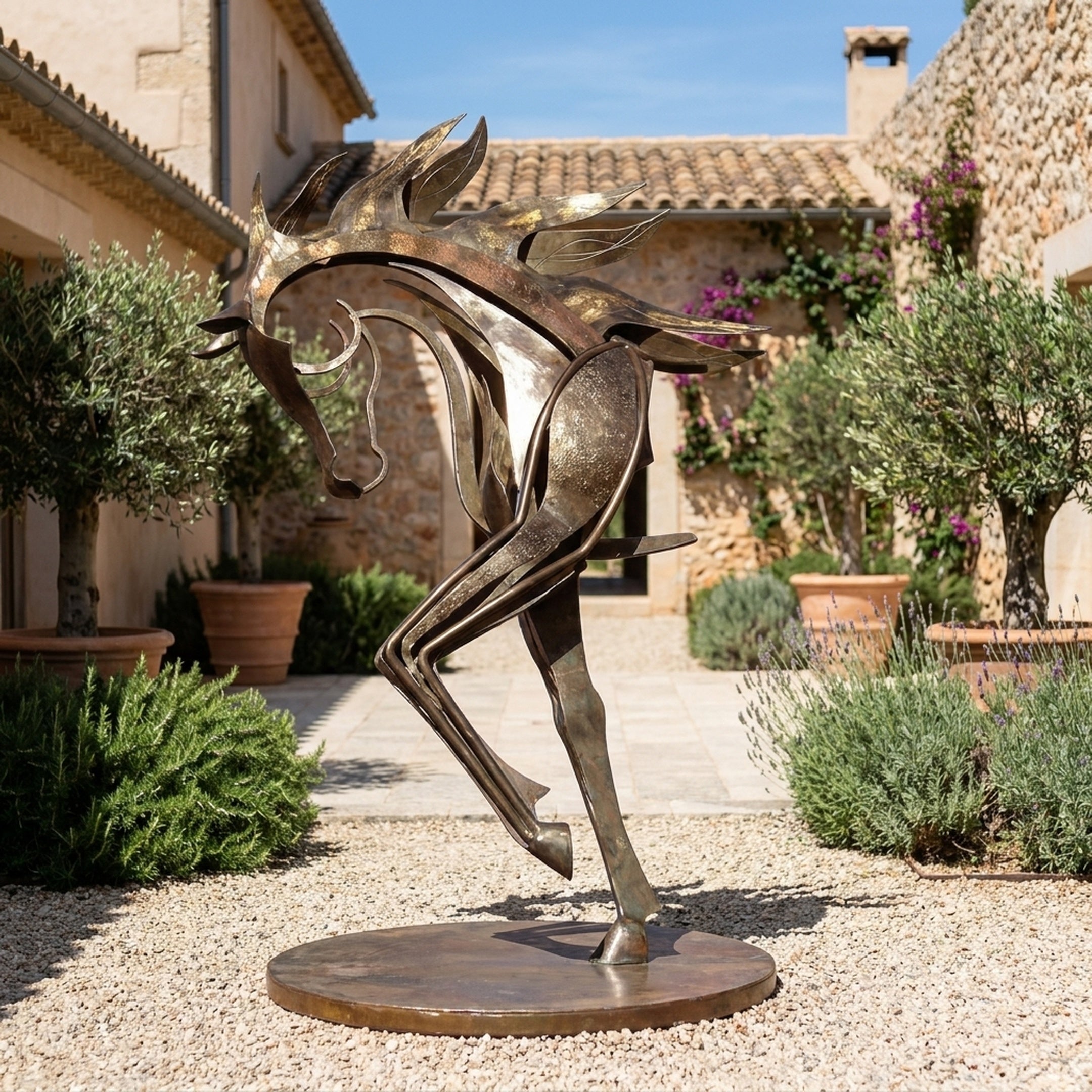 Giant Sculptures' Monumental Contemporary Rearing Horse Bronze Sculpture in golden-bronze, displayed on a circular plinth in a Mediterranean stone courtyard.