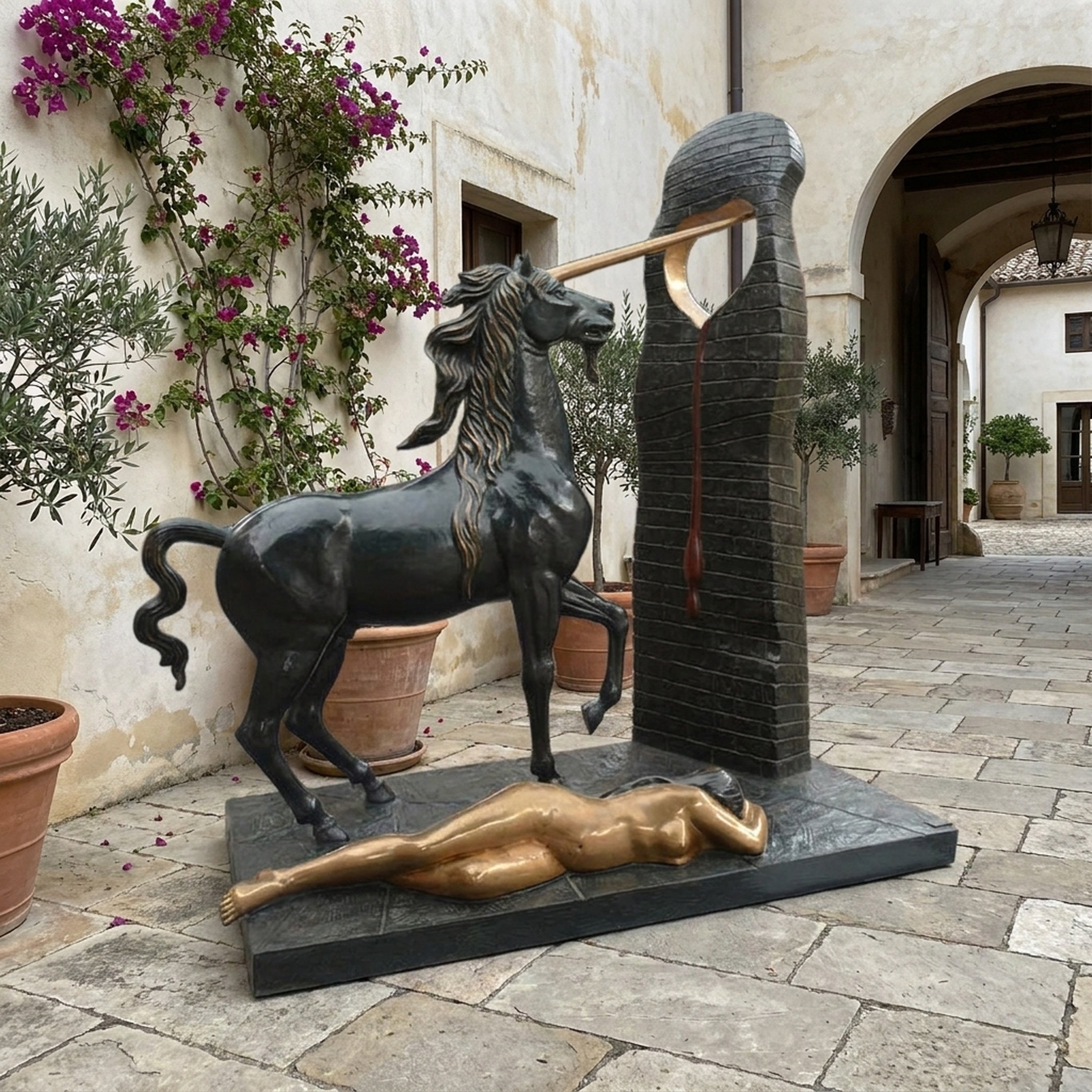 Monumental Contemporary Rearing Unicorn Bronze Sculpture by Giant Sculptures, 280cm, displayed in a Mediterranean courtyard with bougainvillea and arched walkway.