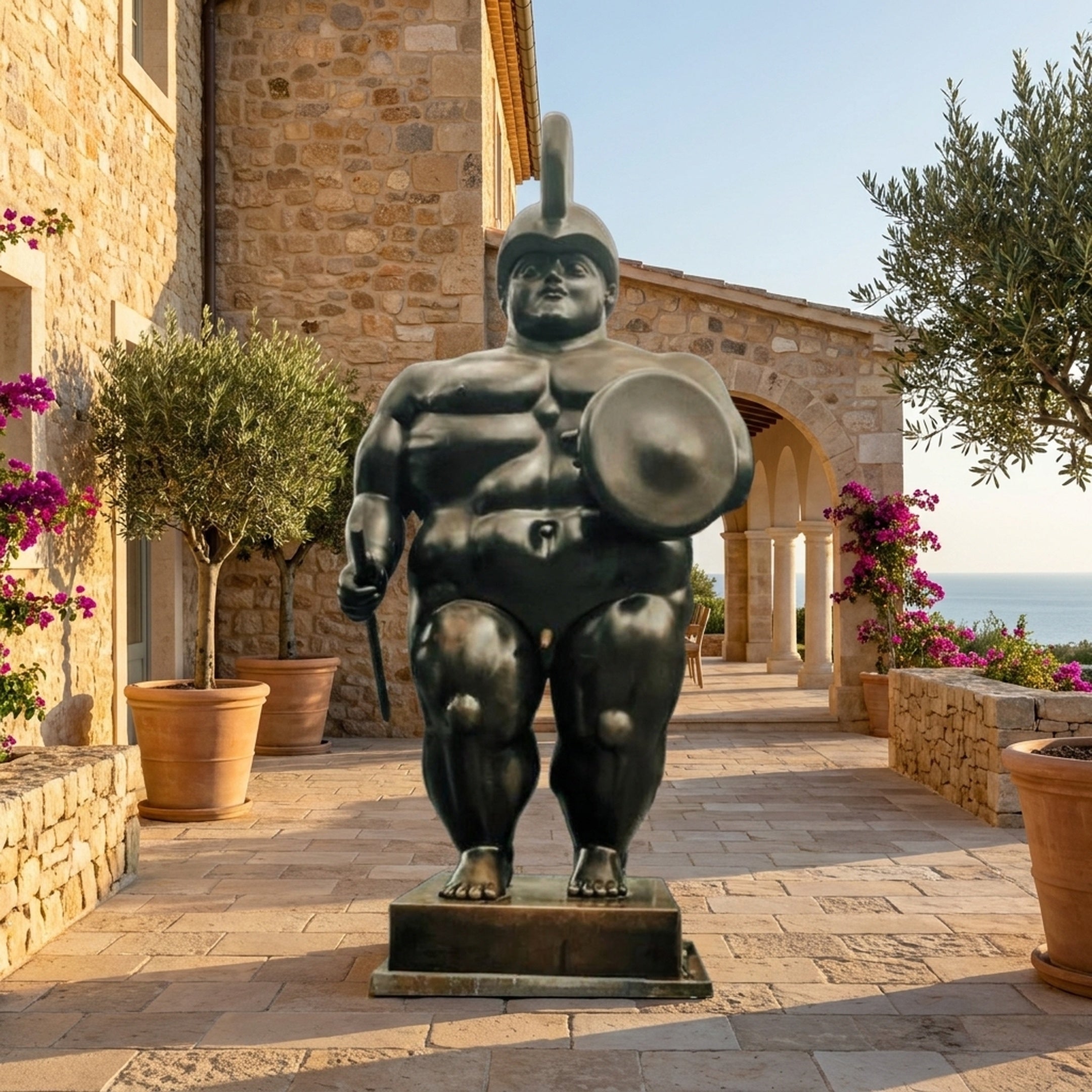 Monumental Contemporary Rotund Armoured Warrior Bronze Sculpture by Giant Sculptures on a stone terrace, with helmet, shield, and staff, sea view beyond.