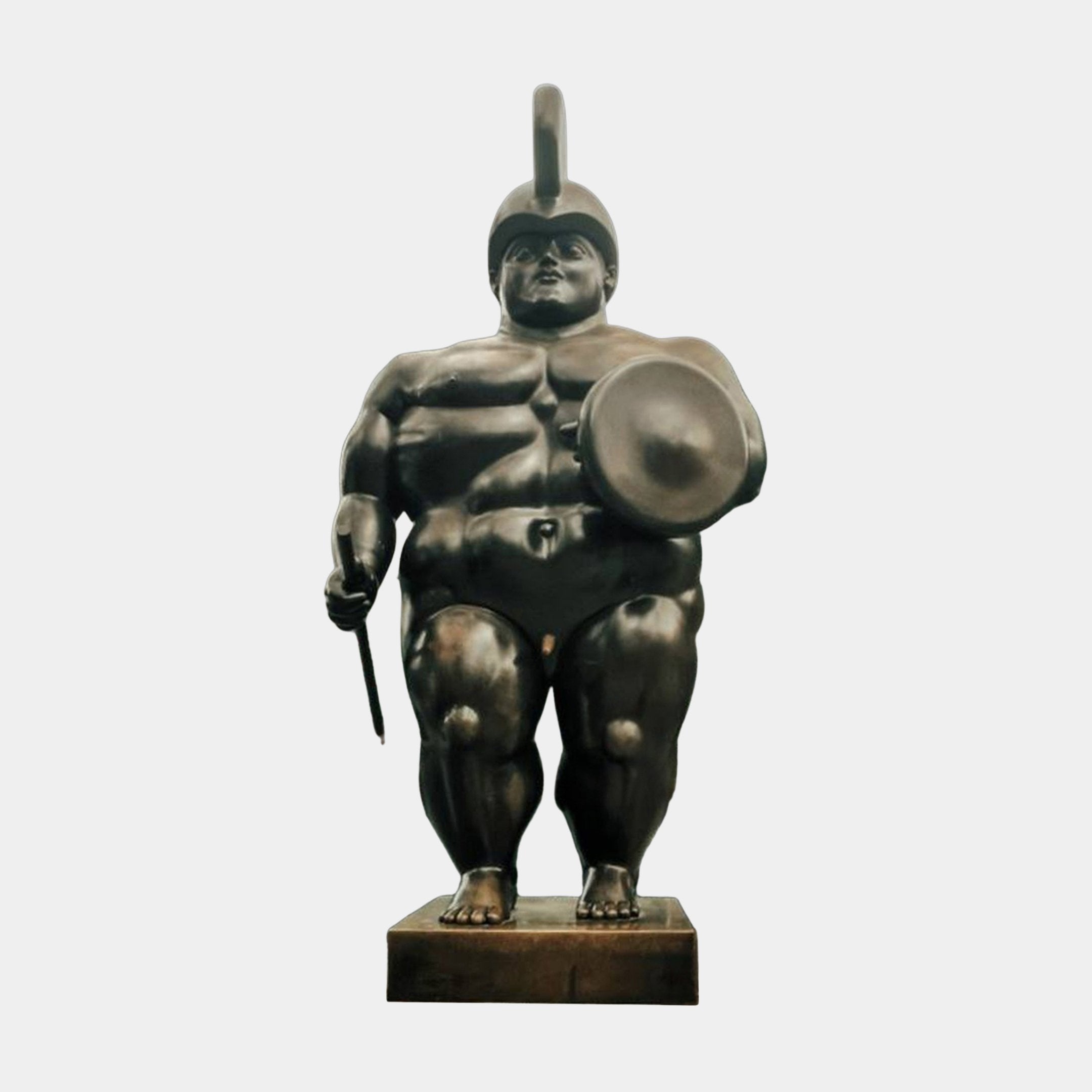 Monumental Contemporary Rotund Armoured Warrior Bronze Sculpture by Giant Sculptures, front view with crested helmet, round shield, and staff, on a plain background.