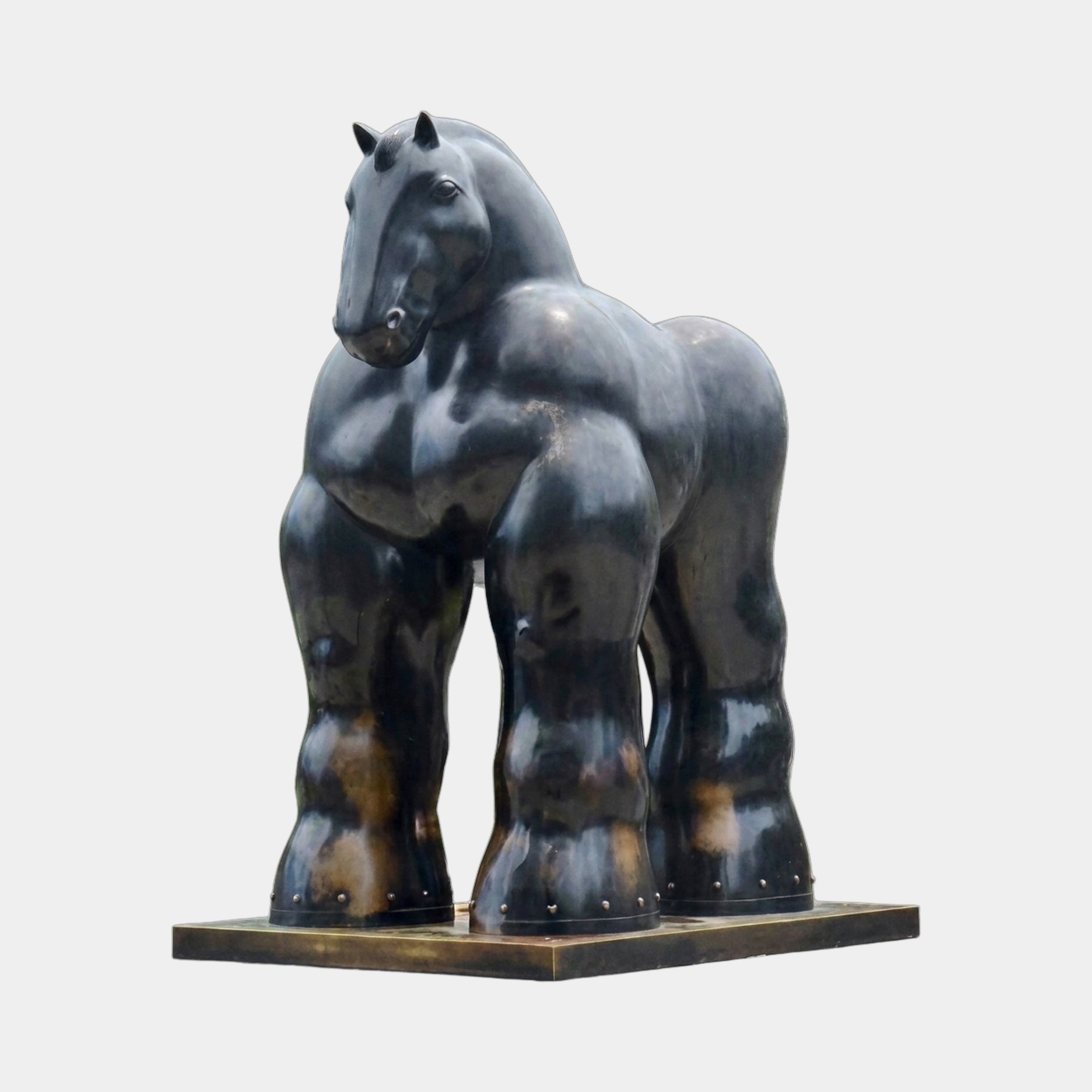 Monumental Contemporary Rotund Horse Bronze Sculpture by Giant Sculptures, 300cm, dark patinated bronze with rounded volumetric form on a rectangular base.