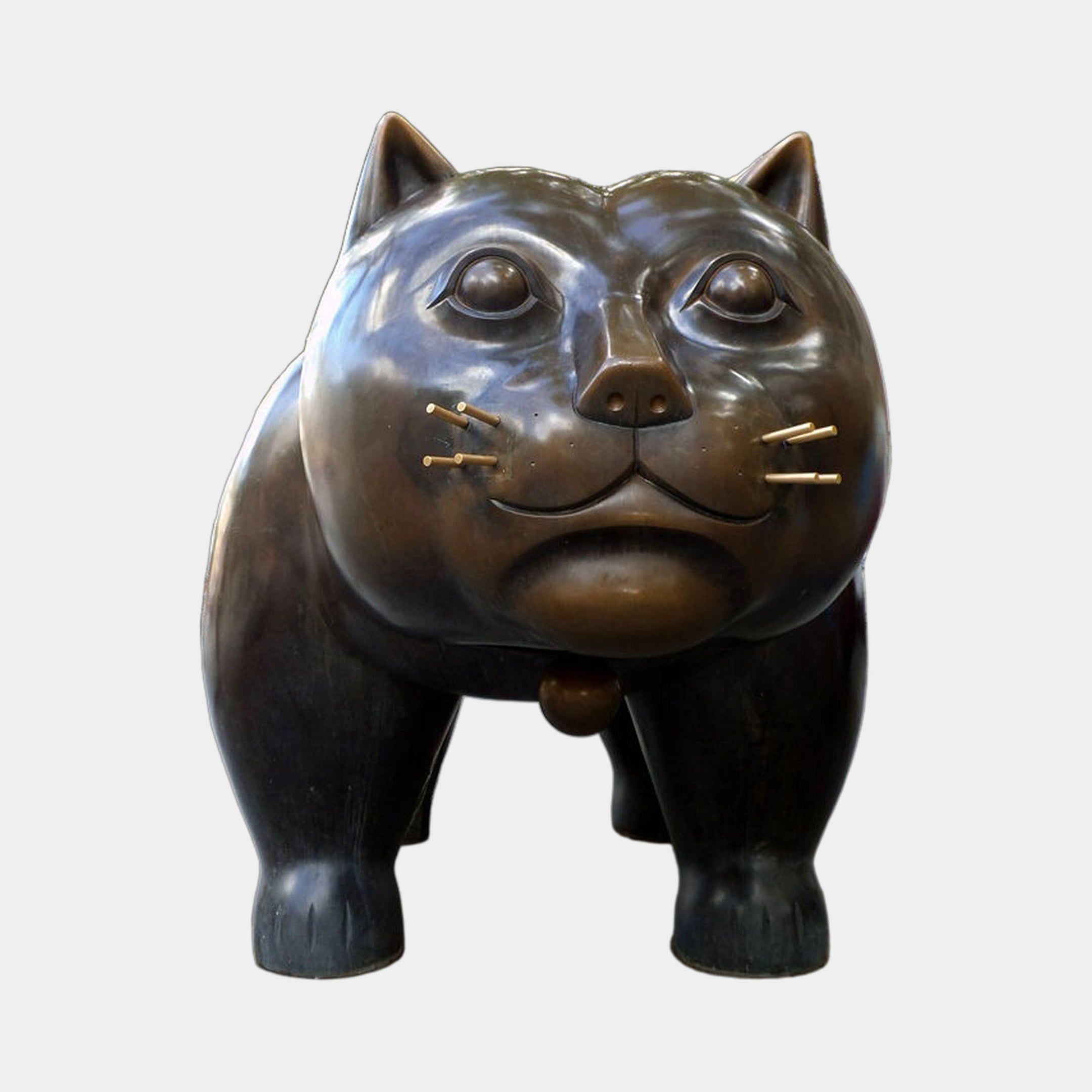 Giant Sculptures' 220cm Monumental Contemporary Rotund Standing Cat Bronze Sculpture in dark brown patina with gold whiskers, shown front-on against a plain background.