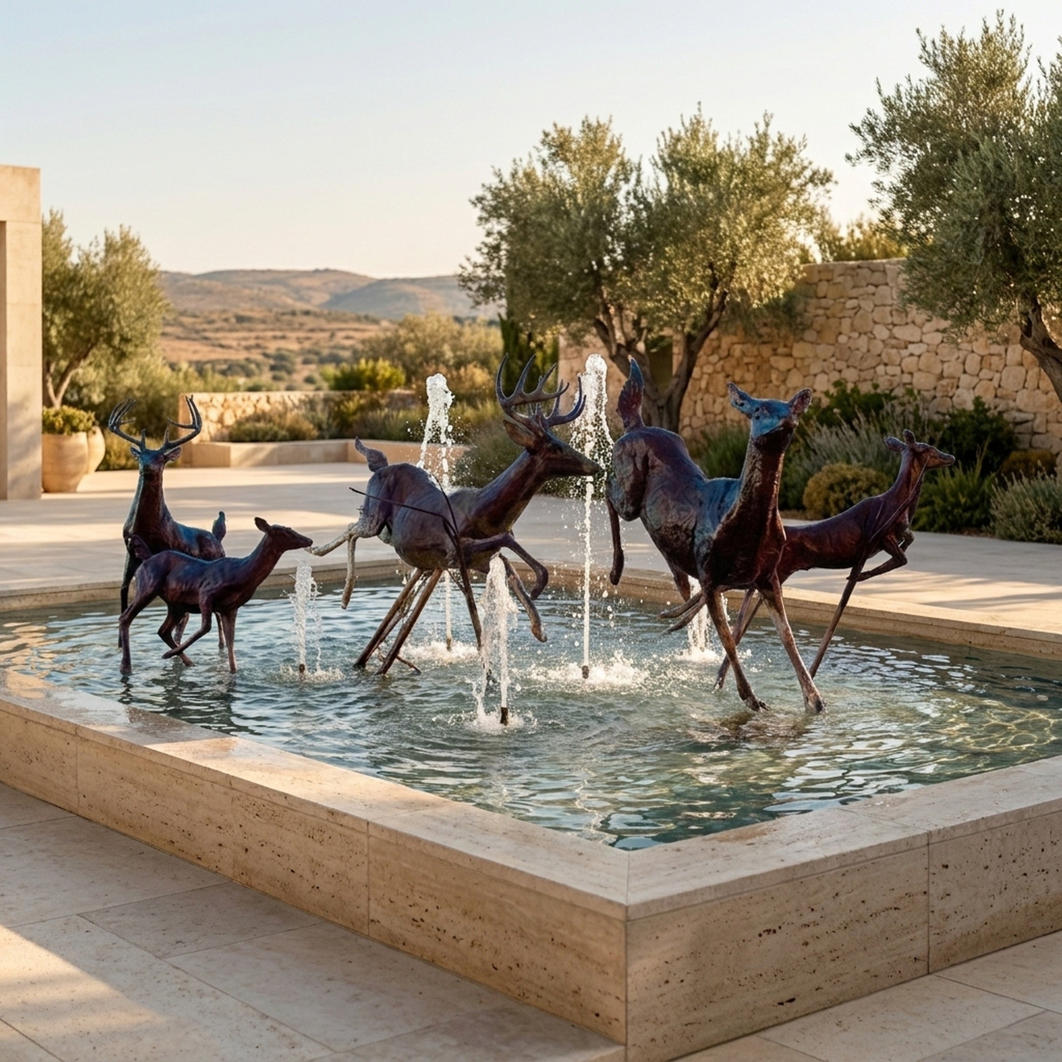 Monumental Contemporary Running Deer Bronze Fountain by Giant Sculptures, dark patinated herd mid-gallop through a stone basin with water jets, olive trees beyond.