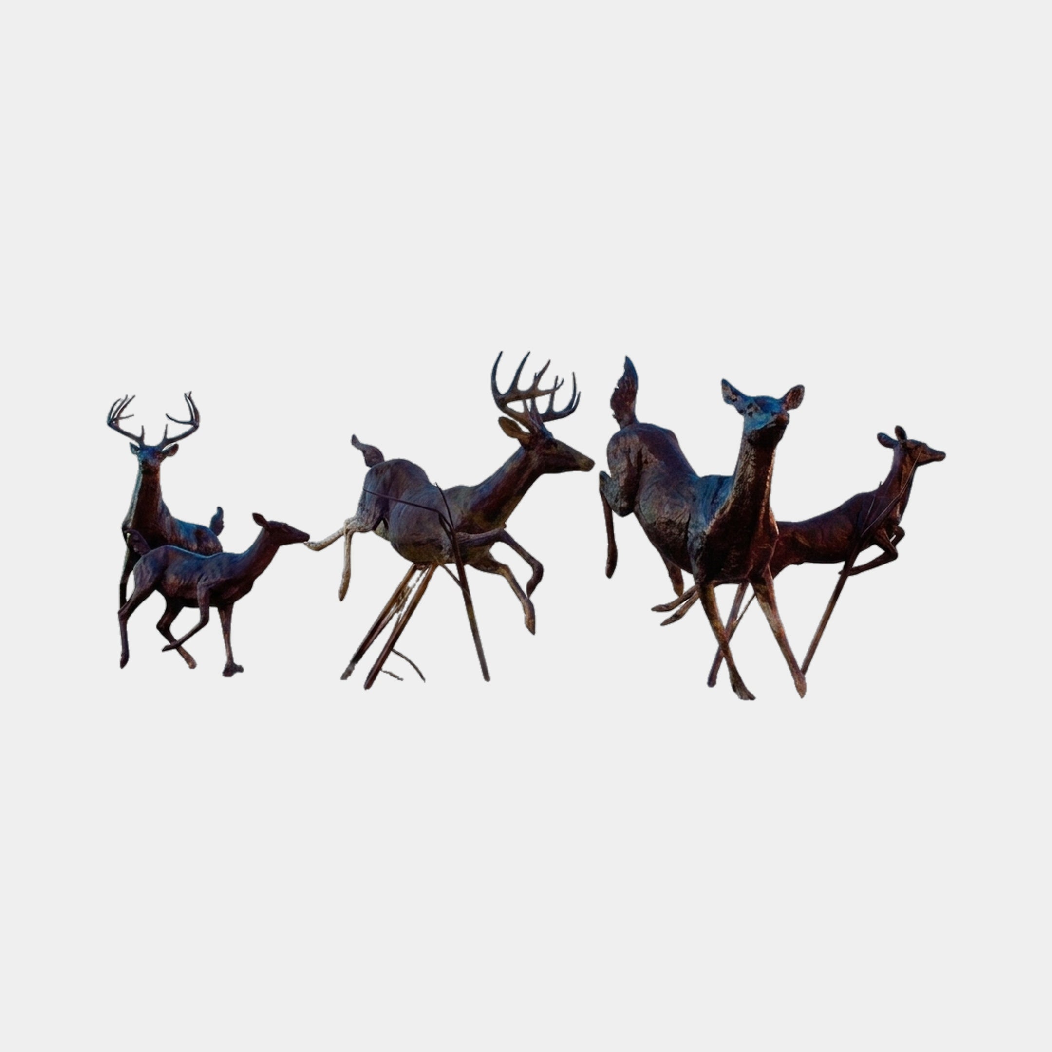 Giant Sculptures Monumental Contemporary Running Deer Bronze Fountain companion piece, 170cm, showing a herd of antlered stags and does mid-gallop in dark patinated bronze on a plain background.
