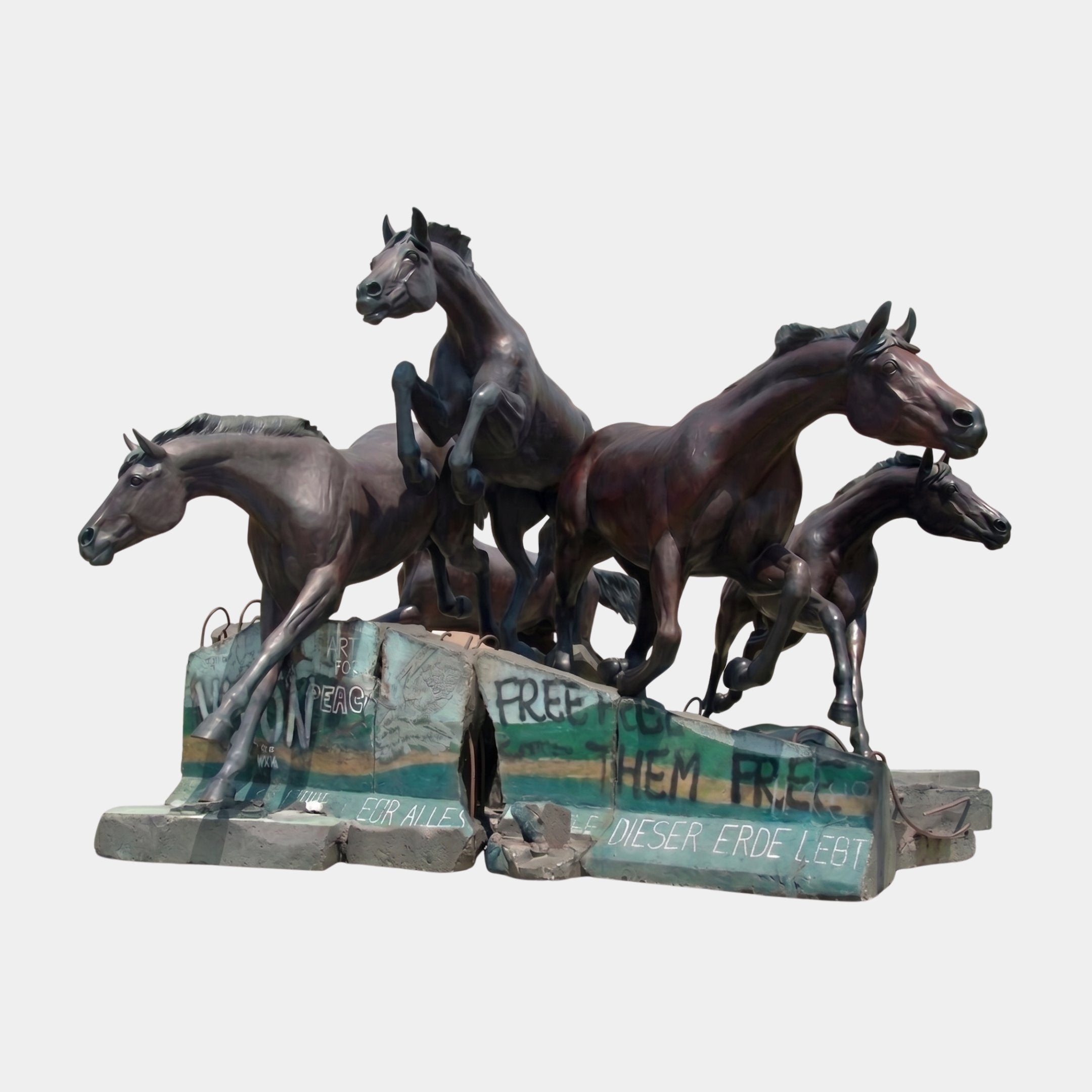 Monumental Contemporary Running Horses Bronze Sculpture by Giant Sculptures, four galloping horses on a graffiti-covered Berlin Wall base, shown on a plain background.