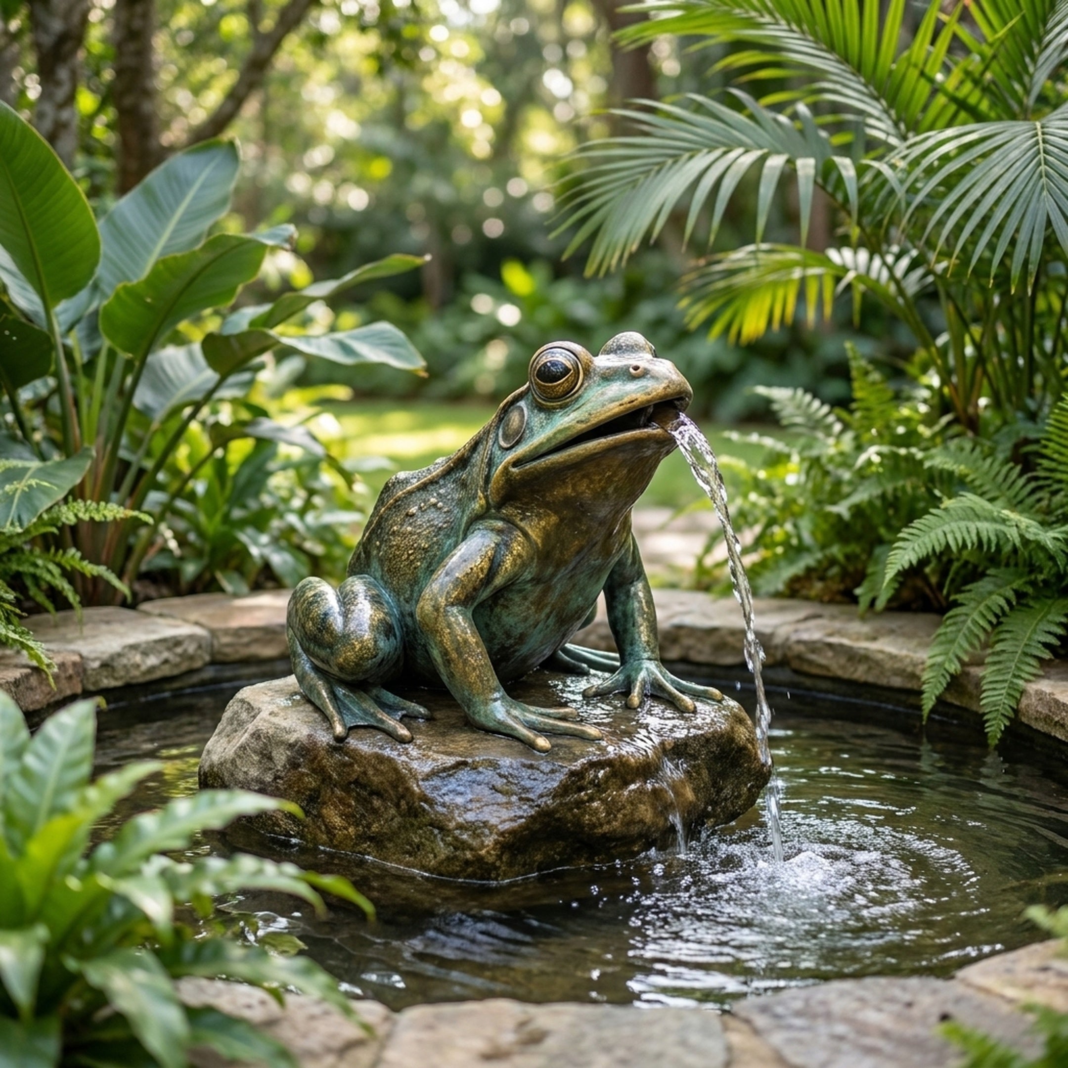 Giant Sculptures Monumental Contemporary Seated Frog Fountain bronze sculpture with verdigris patina, water cascading from its open mouth into a pond in a tropical garden.