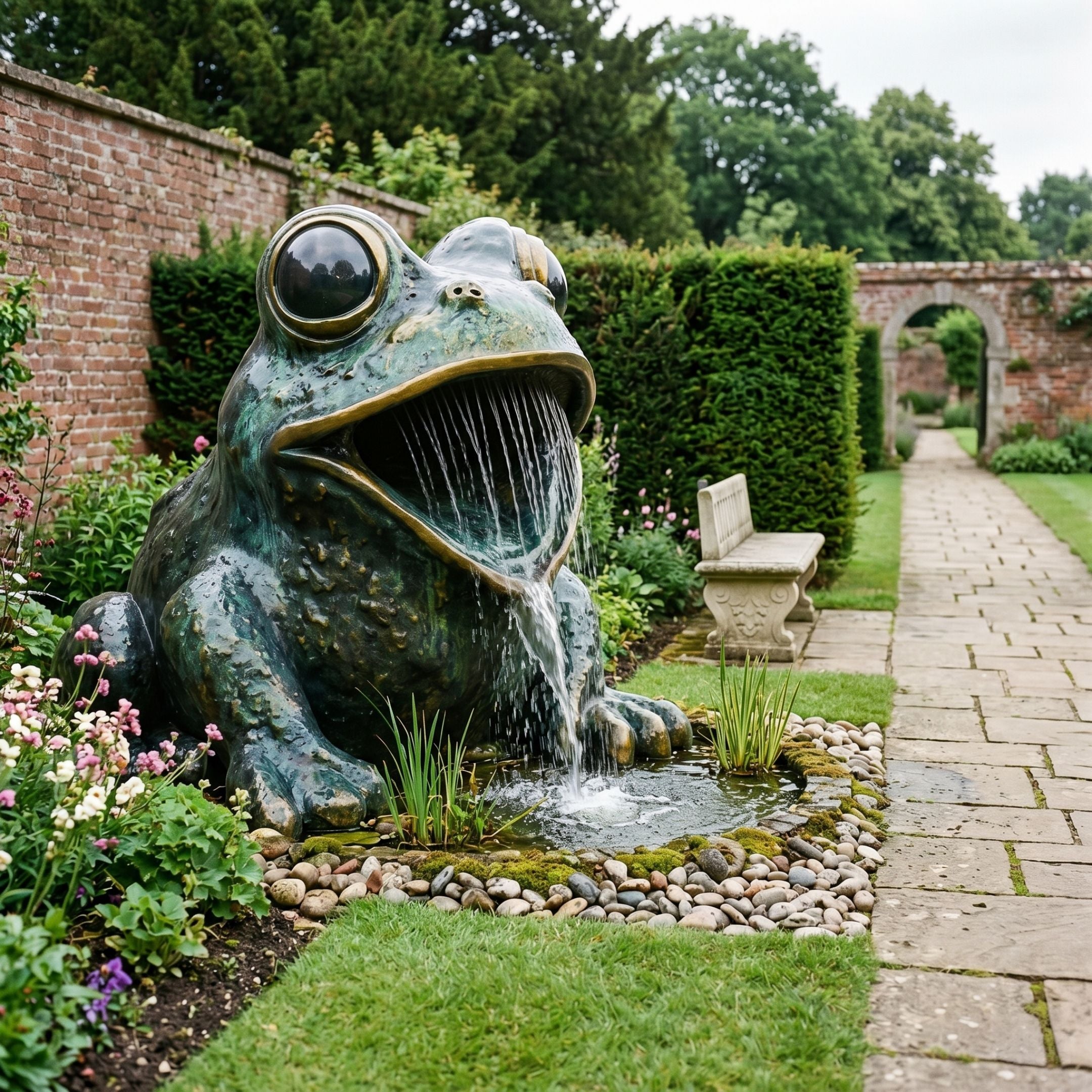 Giant Sculptures Monumental Contemporary Seated Frog Fountain in verdigris bronze with glossy black eyes, water cascading from its open mouth into a pebble-edged pool in a walled garden.