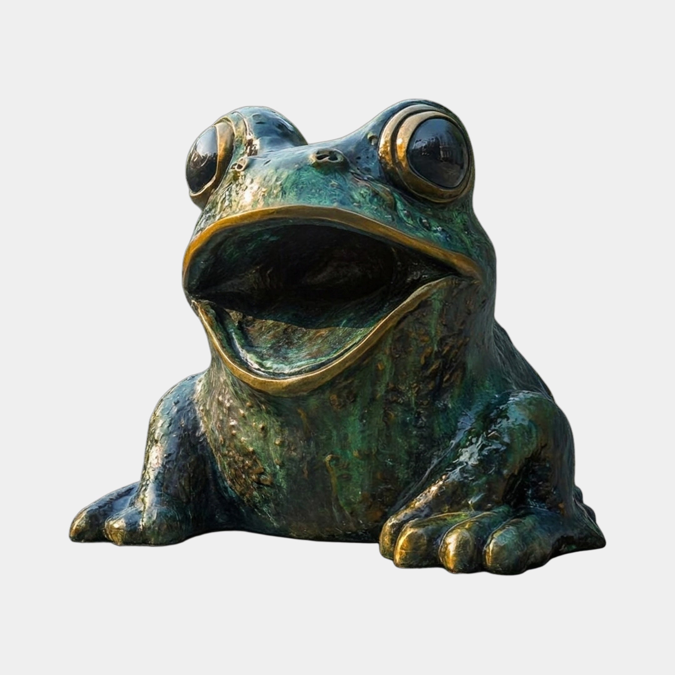 Monumental Contemporary Seated Frog Fountain Bronze Sculpture by Giant Sculptures, shown front-on with verdigris green patina, gold accents, and glossy black eyes.
