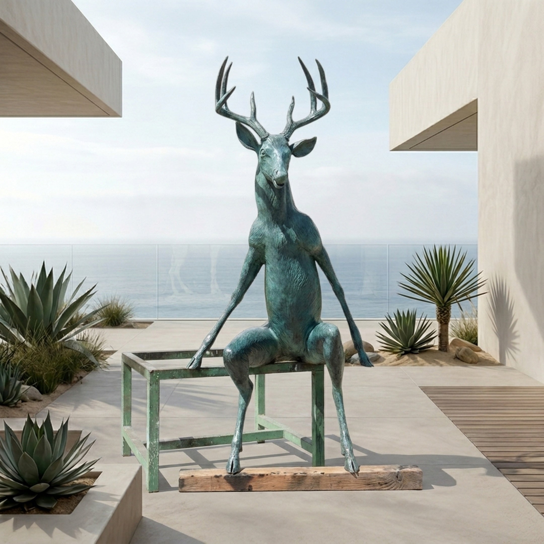 Monumental Contemporary Seated Stag Bronze Sculpture by Giant Sculptures in verdigris patina, seated on a frame on an oceanfront terrace with succulents.
