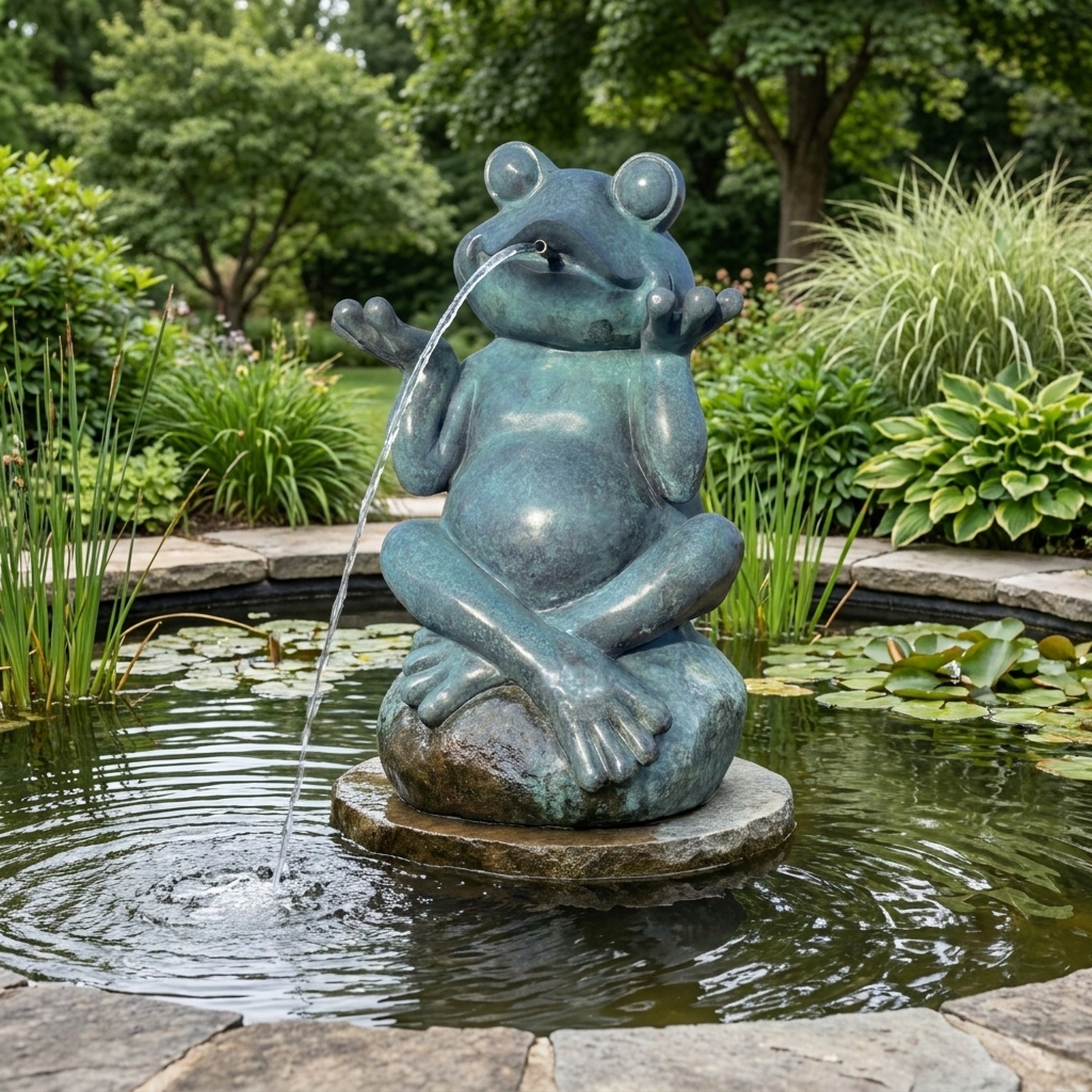 Giant Sculptures Monumental Contemporary Sitting Frog Bronze Fountain in verdigris patina, spouting water from its mouth on a boulder base in a garden pond.