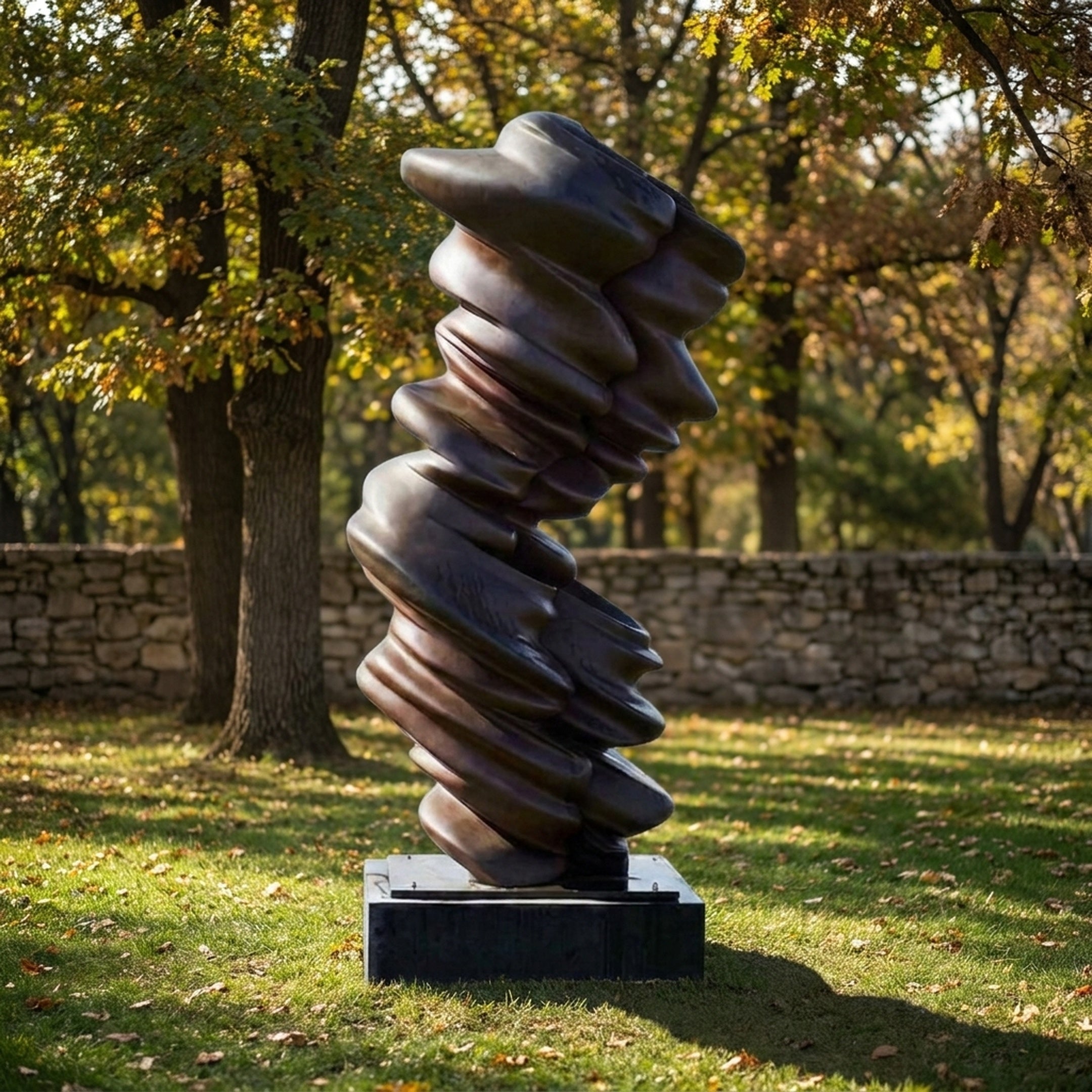 Monumental Contemporary Twisting Tornado Bronze Sculpture by Giant Sculptures, 260cm spiraling lobed form with dark patina on a granite plinth in a sunlit park.