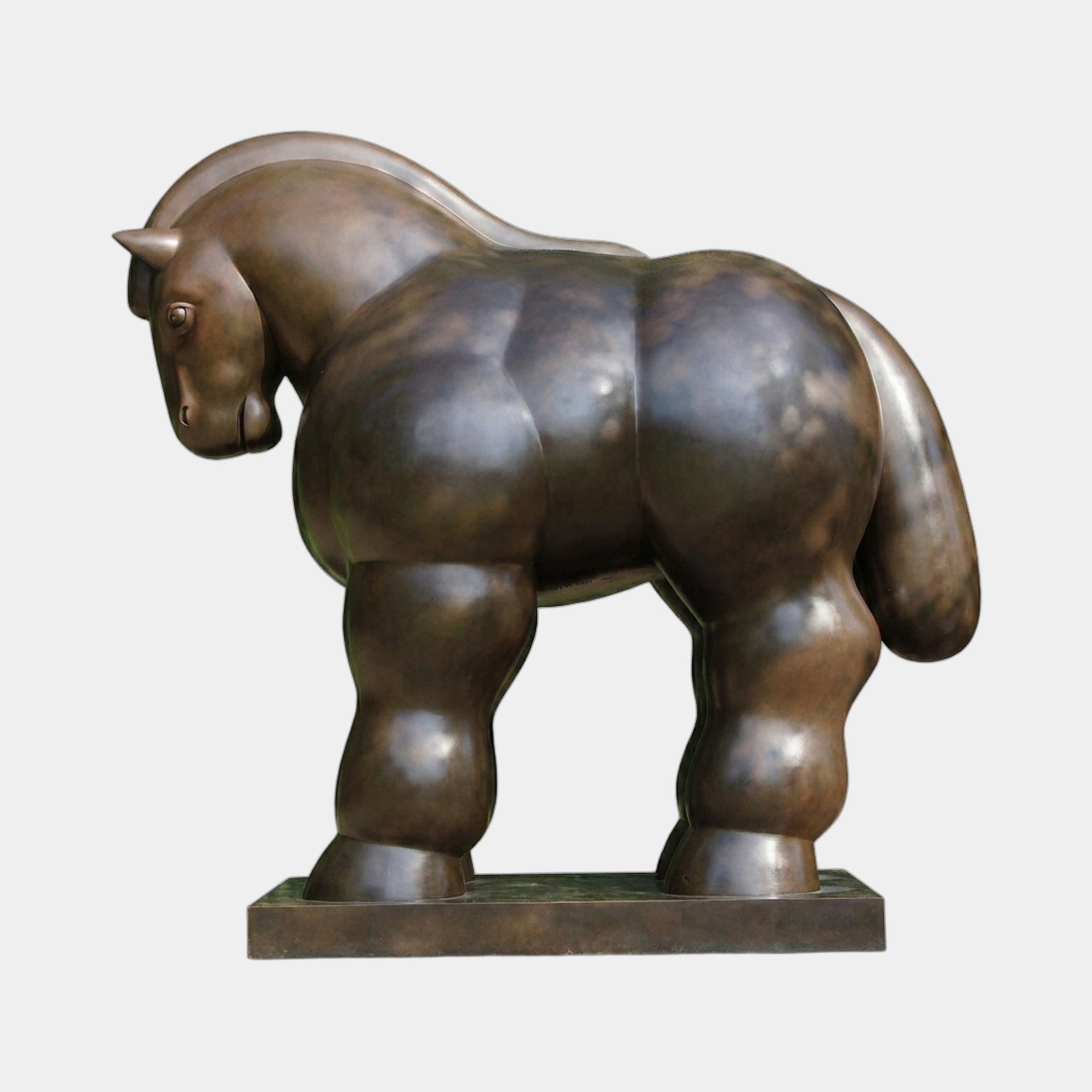 Monumental Contemporary Voluminous Horse Bronze Sculpture by Giant Sculptures, 400cm, side view with rounded inflated forms and warm brown patina on a rectangular base.