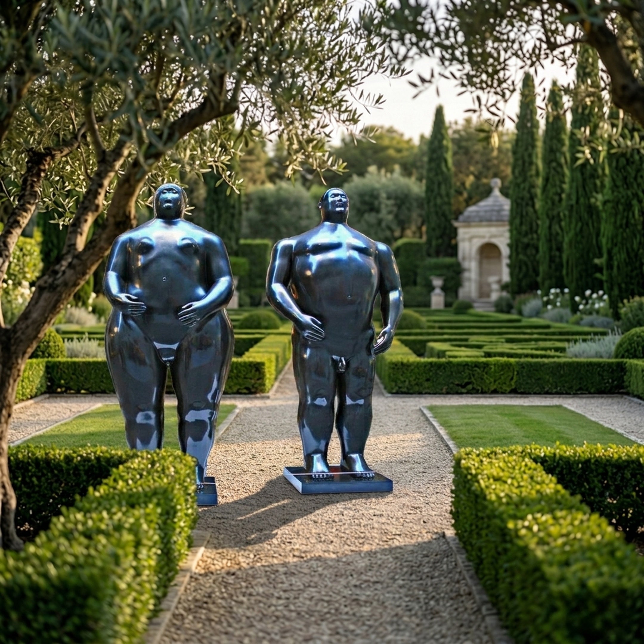 Monumental Contemporary Voluminous Standing Figures Bronze Sculpture in mirror-polished black, paired male and female forms on plinths in a formal hedged garden.