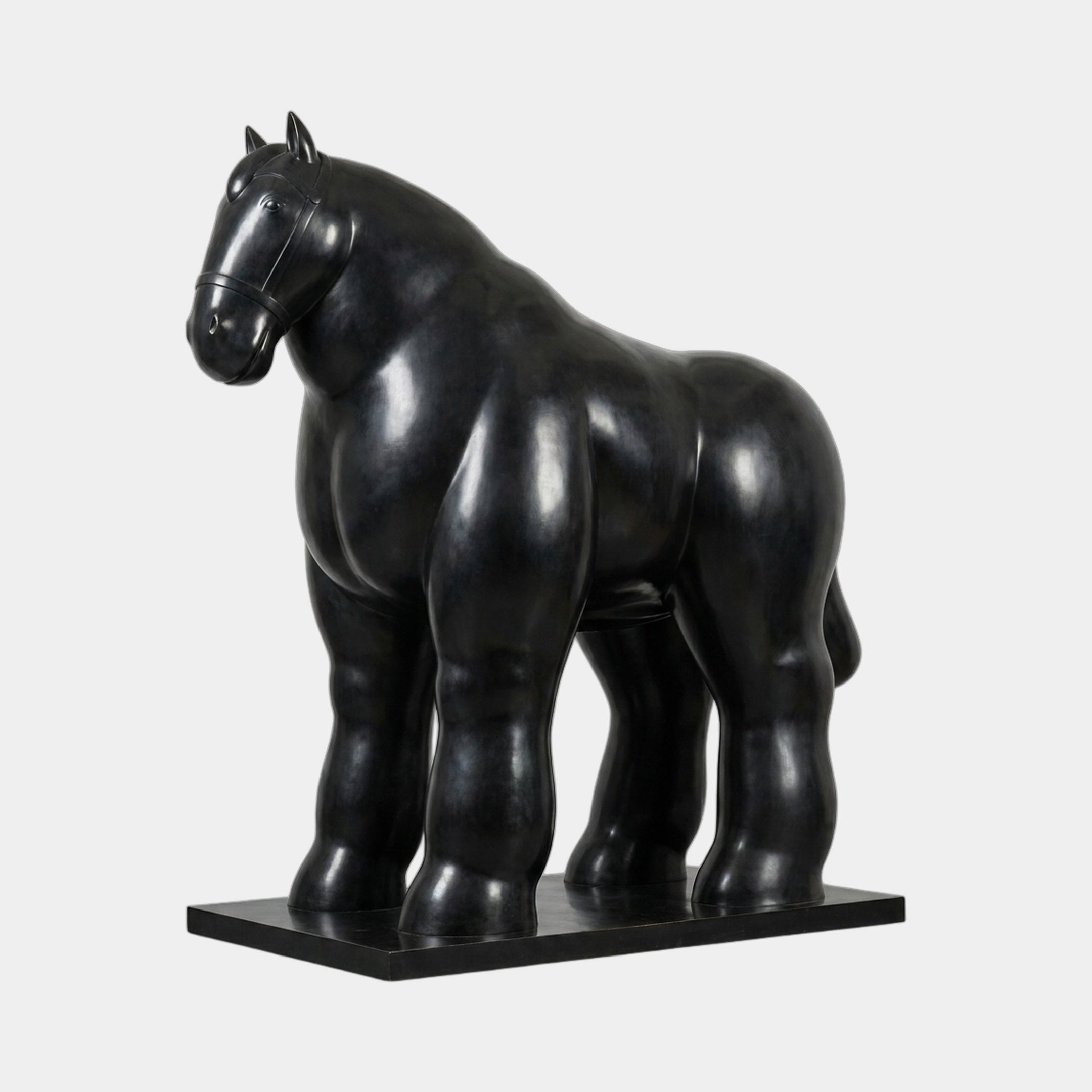 Monumental Contemporary Voluminous Standing Horse Bronze Sculpture by Giant Sculptures in polished black patina on a low rectangular plinth, shown against a plain background.