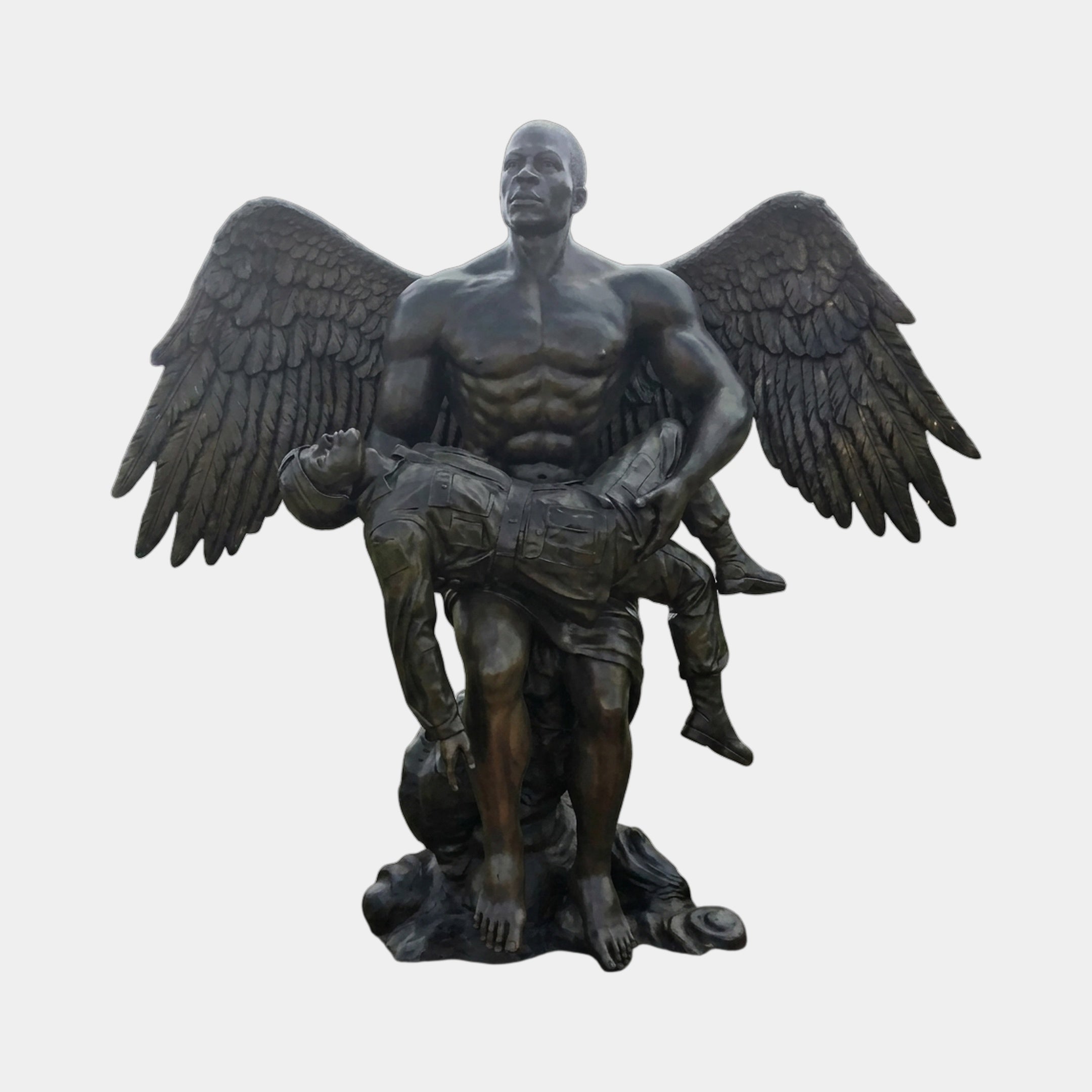 Monumental Contemporary Winged Angel Bronze Sculpture by Giant Sculptures, 300cm, showing a winged figure cradling a fallen soldier, dark patina, plain background.