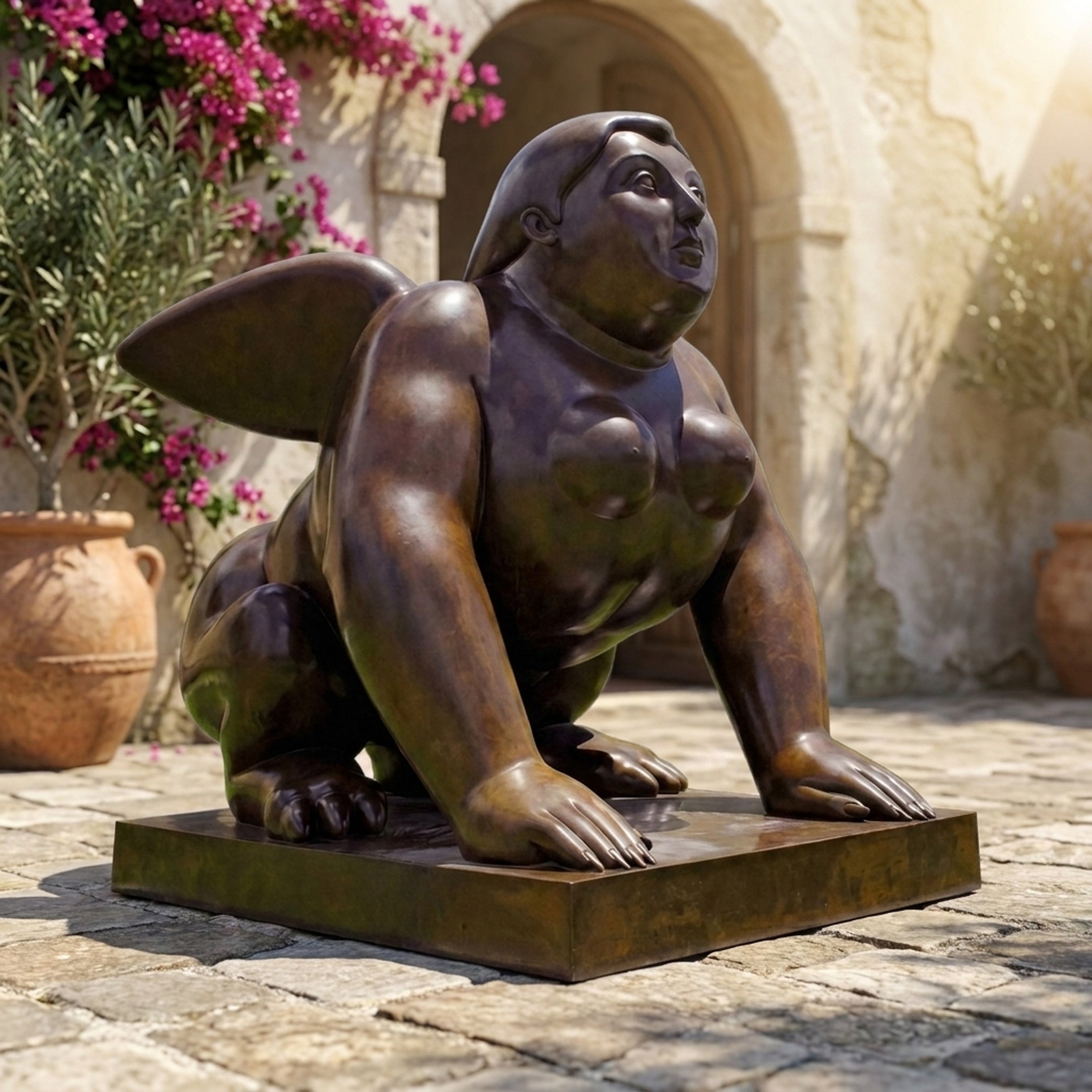 Monumental Contemporary Winged Female Sphinx Bronze Sculpture by Giant Sculptures in warm brown patina, crouched on a stone courtyard near bougainvillea and arches.