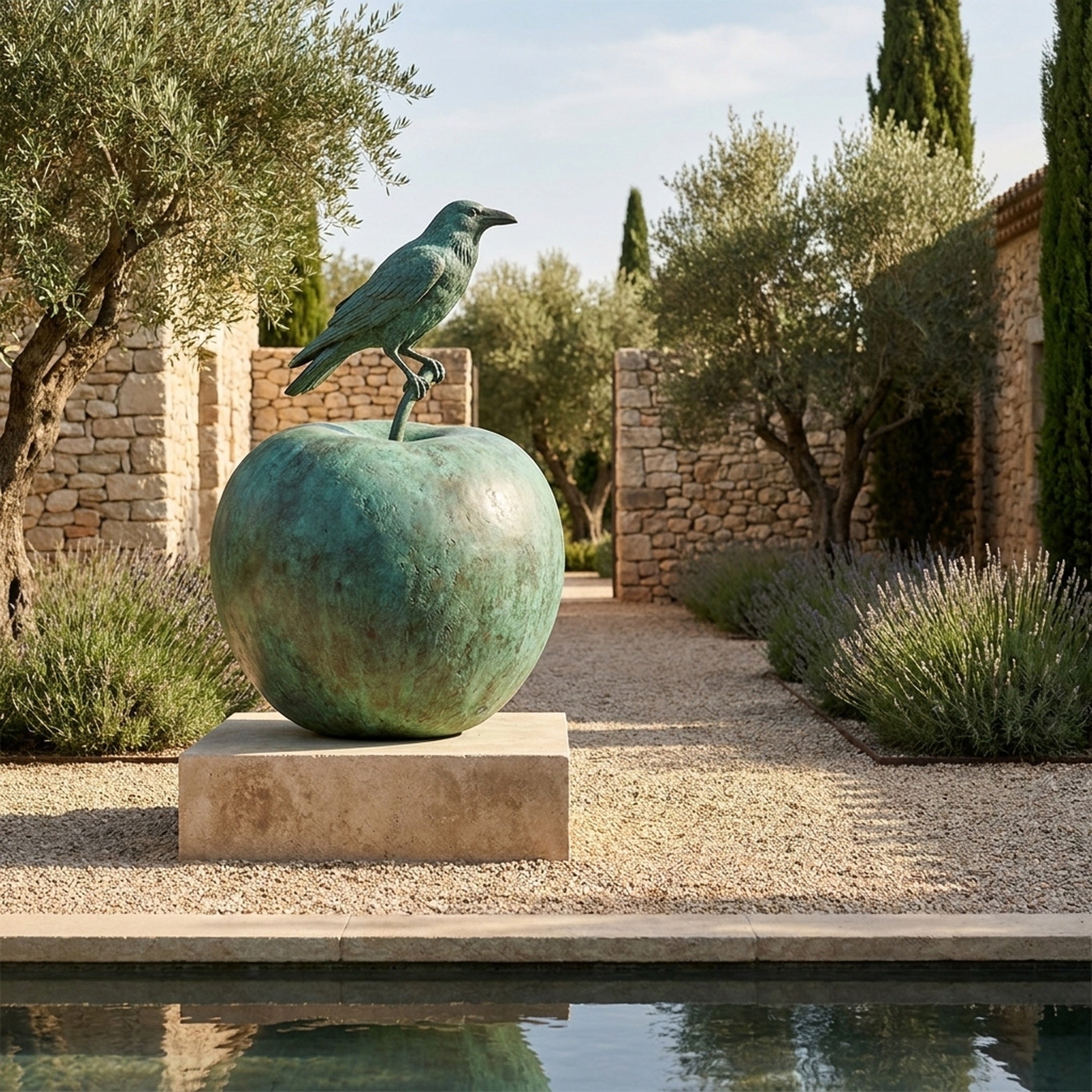 Giant Sculptures Monumental Crow on Apple Bronze Sculpture with verdigris green apple and dark crow on a stone plinth beside a pool in a lavender garden.