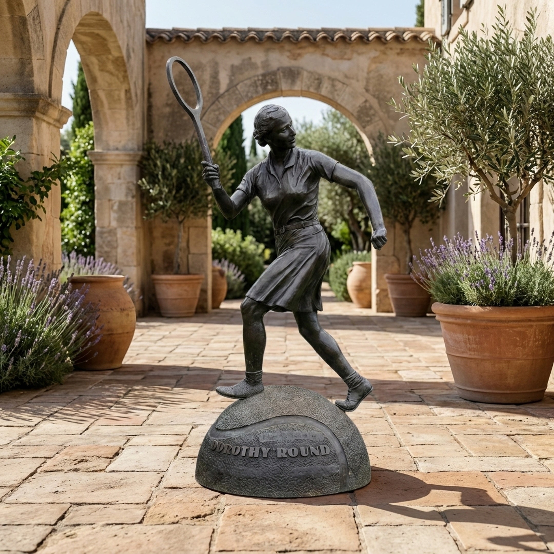 Monumental Female Tennis Player Bronze Sculpture by Giant Sculptures, 220cm, mid-swing pose on inscribed granite plinth in a Mediterranean courtyard.