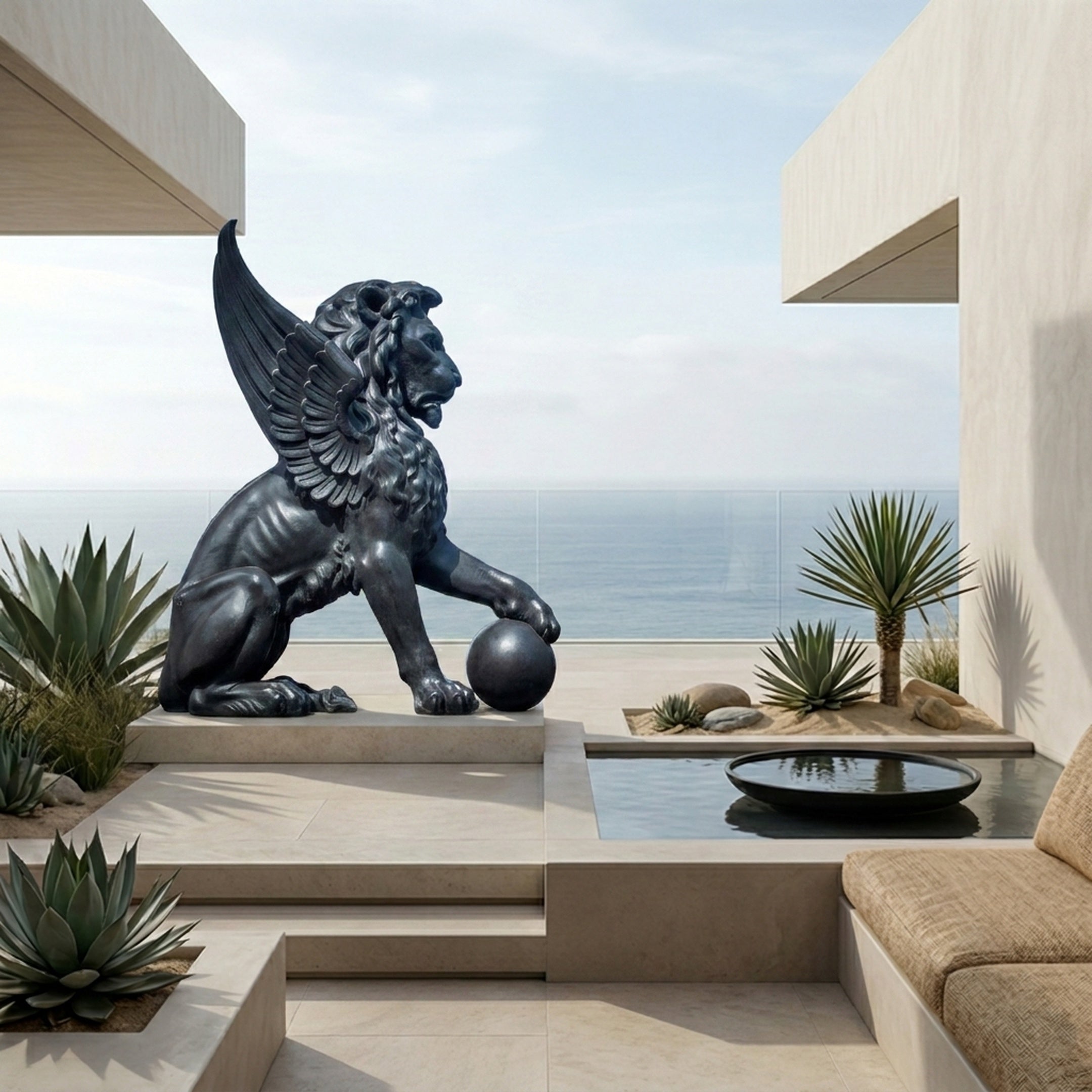 Monumental Heraldic Winged Lion Bronze Sculpture by Giant Sculptures, dark patina finish with paw on orb, displayed on a coastal terrace overlooking the ocean.