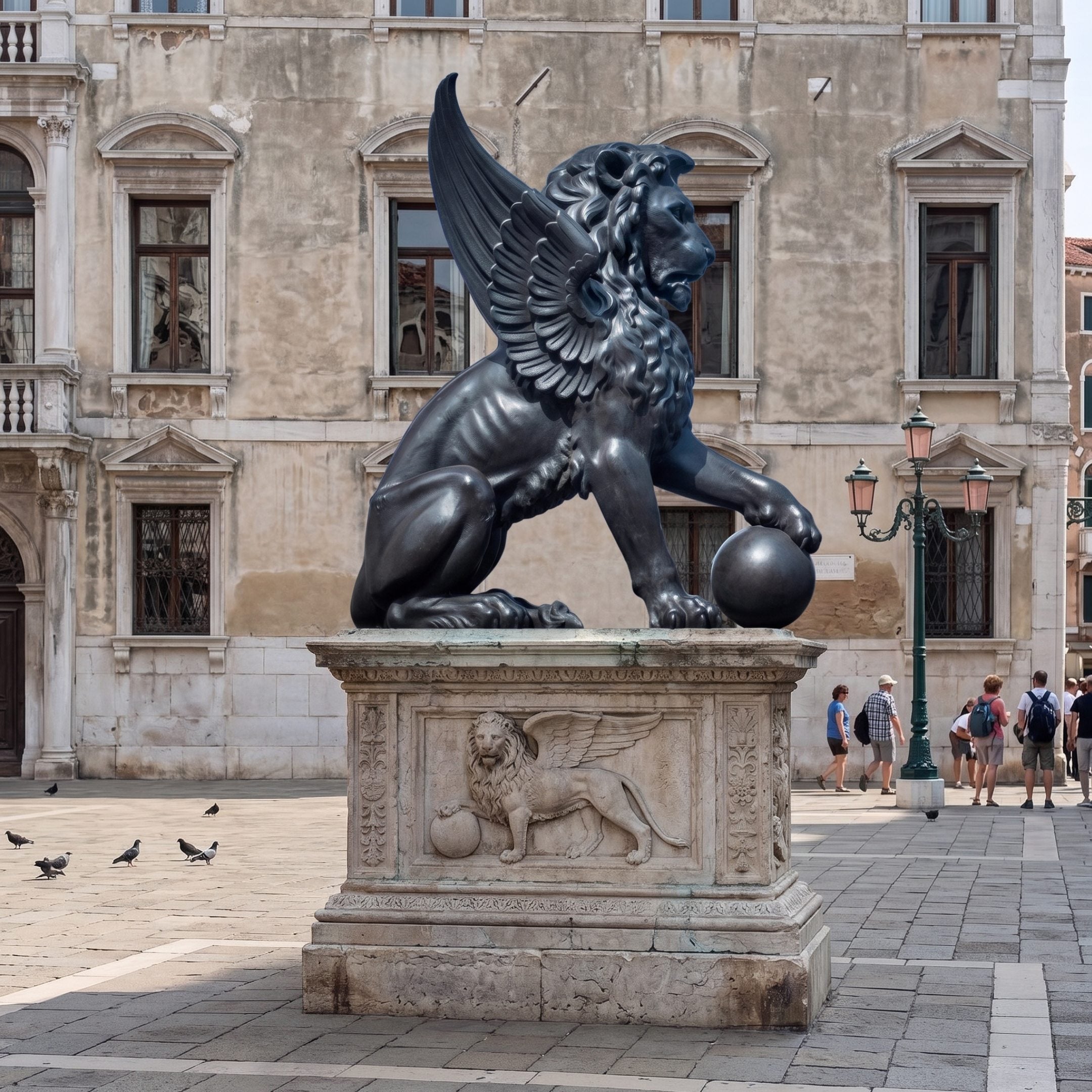 Monumental Heraldic Winged Lion Bronze Sculpture by Giant Sculptures, 190cm, seated with spread wings and paw on an orb, on a carved stone plinth in a piazza.