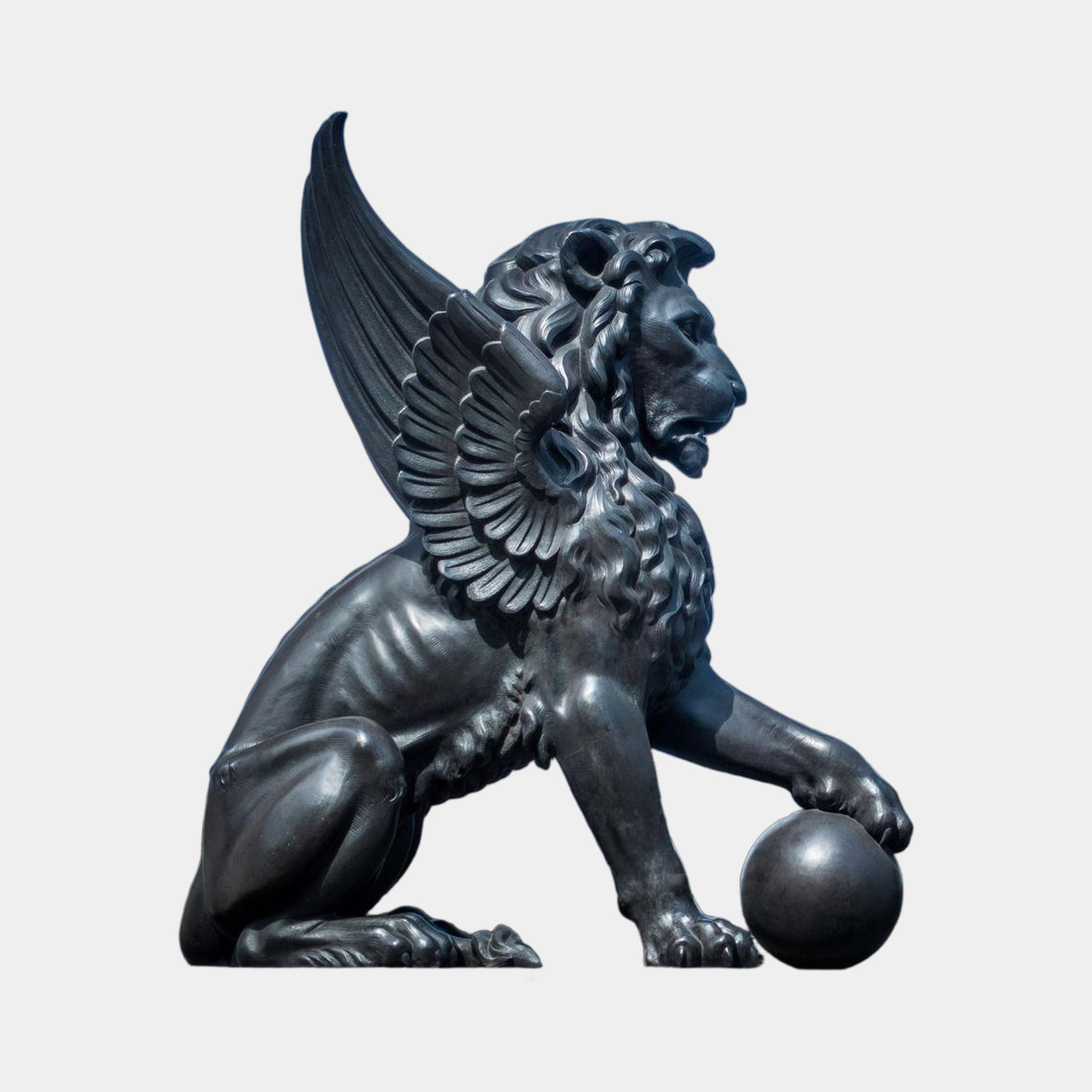 Giant Sculptures Monumental Heraldic Winged Lion Bronze Sculpture 190cm in dark patina, seated profile with raised wings and one paw on a smooth orb, plain background.