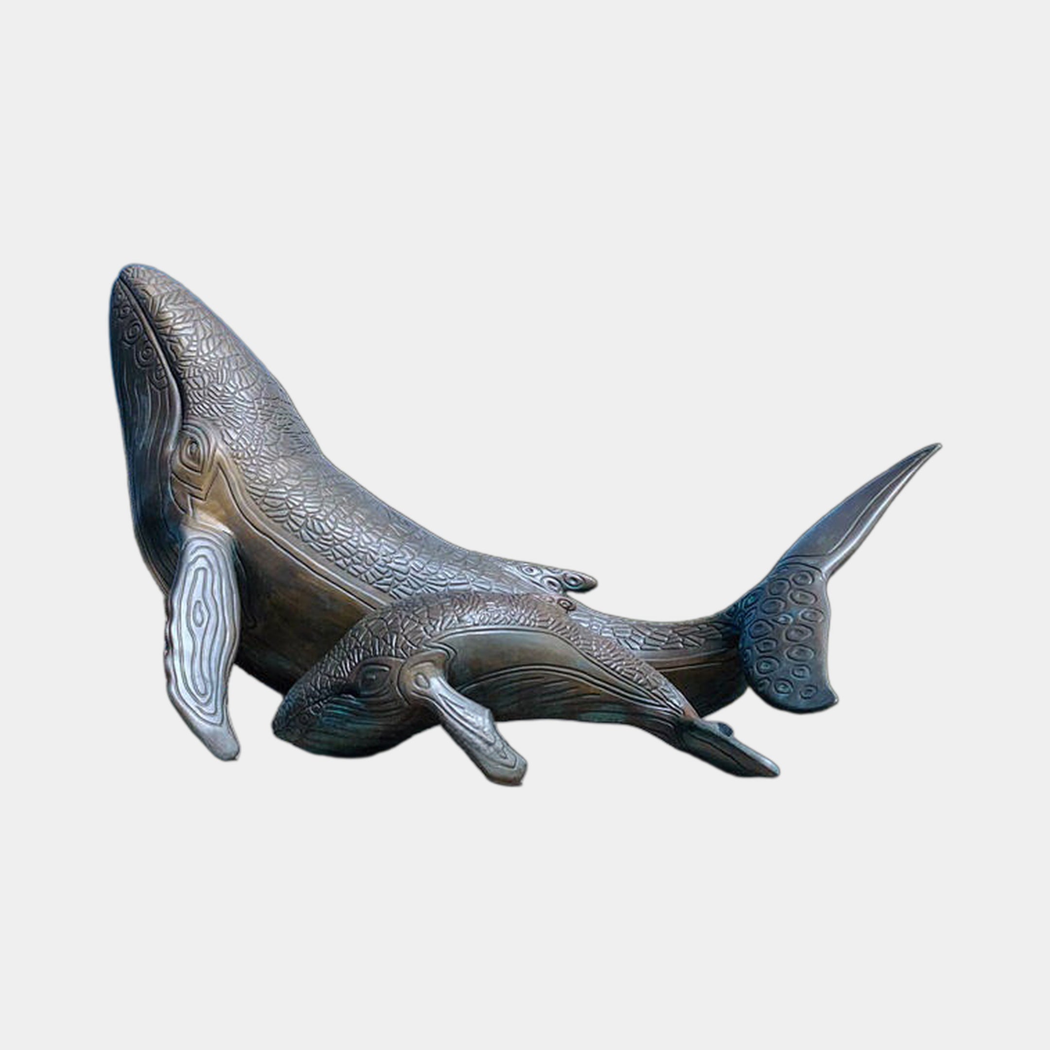 Monumental Humpback Whale and Calf Bronze Sculpture by Giant Sculptures, adult rearing upward beside a calf, engraved patterning and warm brown patina.